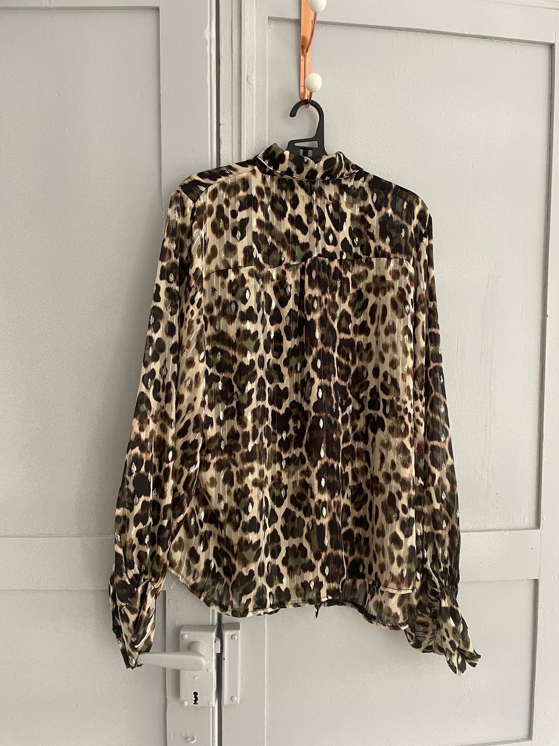 Sheer leopard print blouse with poet sleeves, See through sexy and playful woman button up shirt