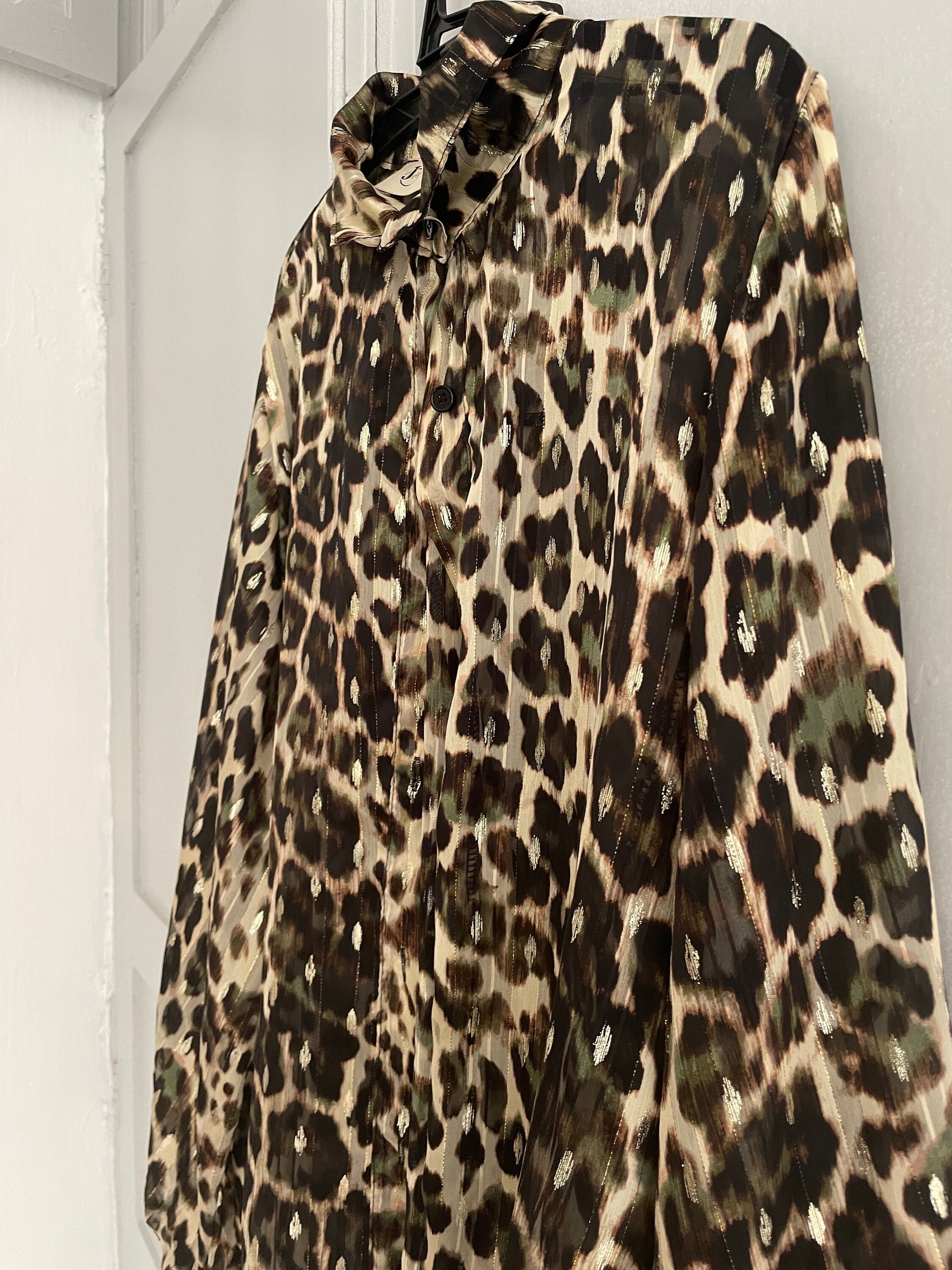 Sheer leopard print blouse with poet sleeves, See through sexy and playful woman button up shirt