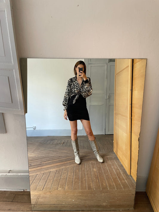 Sheer leopard print blouse with poet sleeves, See through sexy and playful woman button up shirt