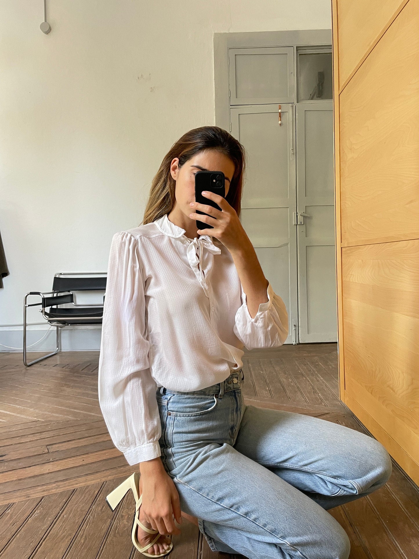 Vintage sheer romantic woman blouse, White see through collared shirt, Bow tie antique top