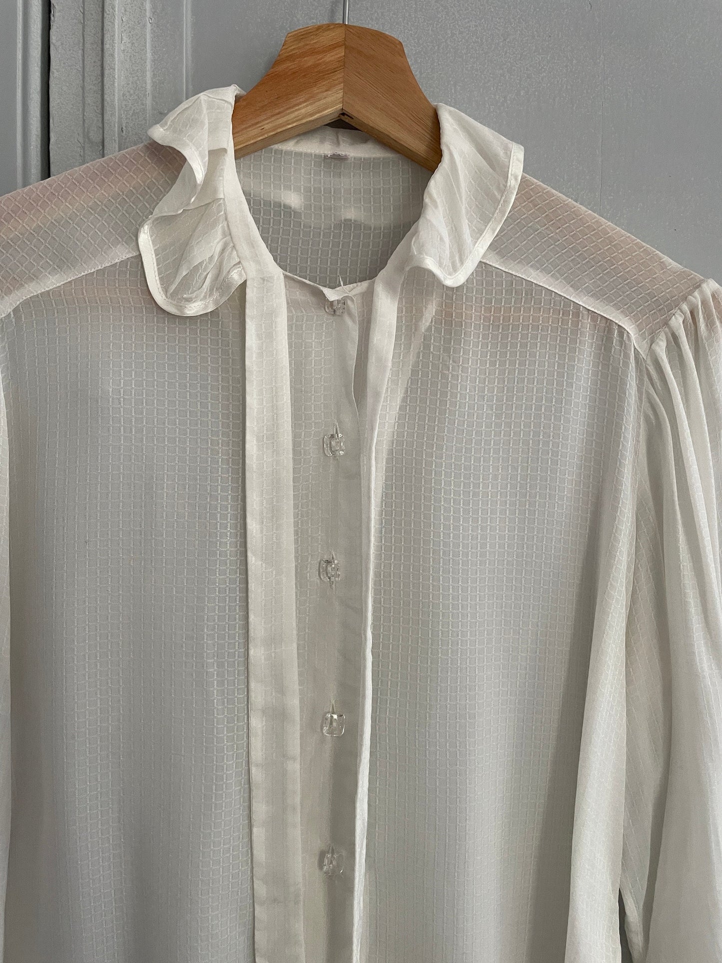 Vintage sheer romantic woman blouse, White see through collared shirt, Bow tie antique top