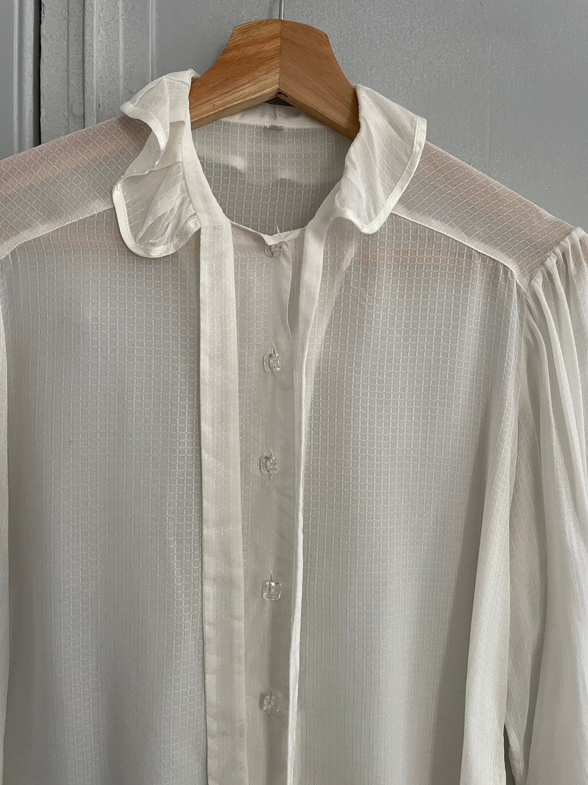 Vintage sheer romantic woman blouse, White see through collared shirt, Bow tie antique top