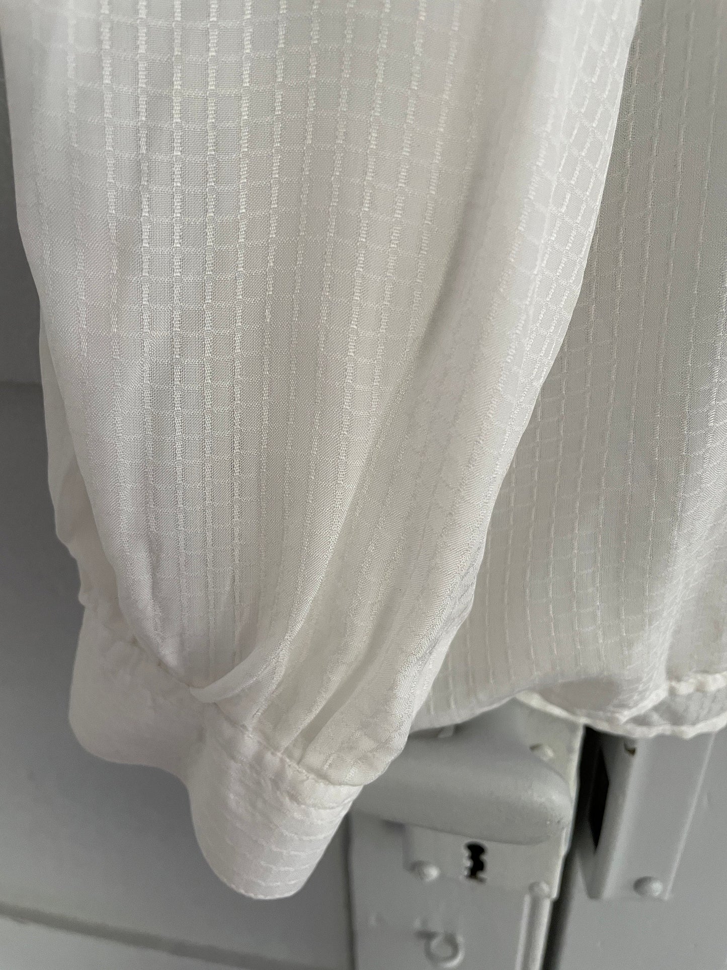 Vintage sheer romantic woman blouse, White see through collared shirt, Bow tie antique top