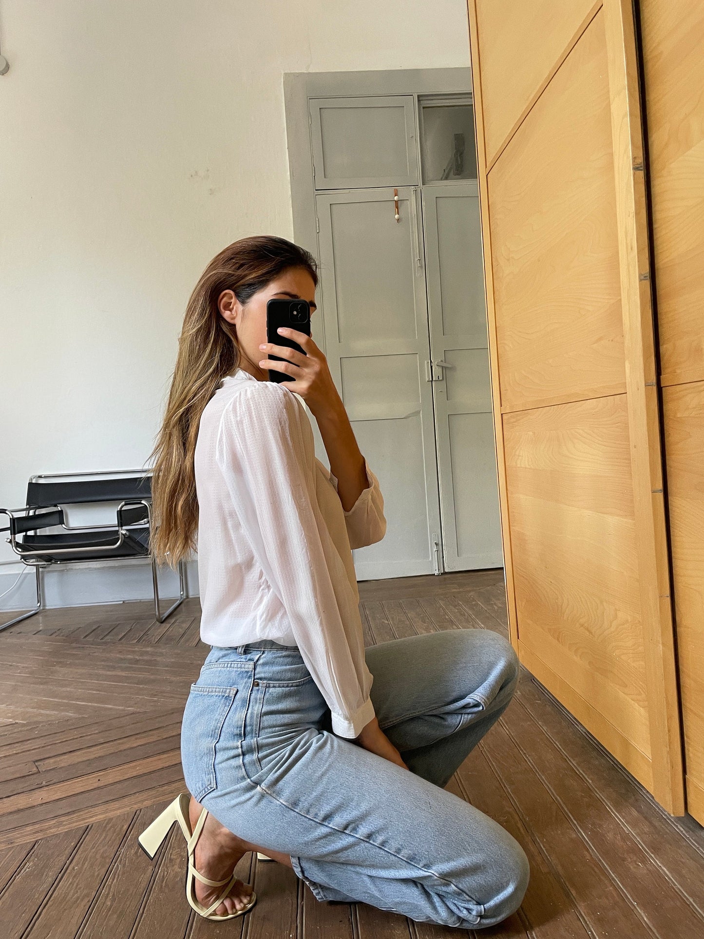 Vintage sheer romantic woman blouse, White see through collared shirt, Bow tie antique top