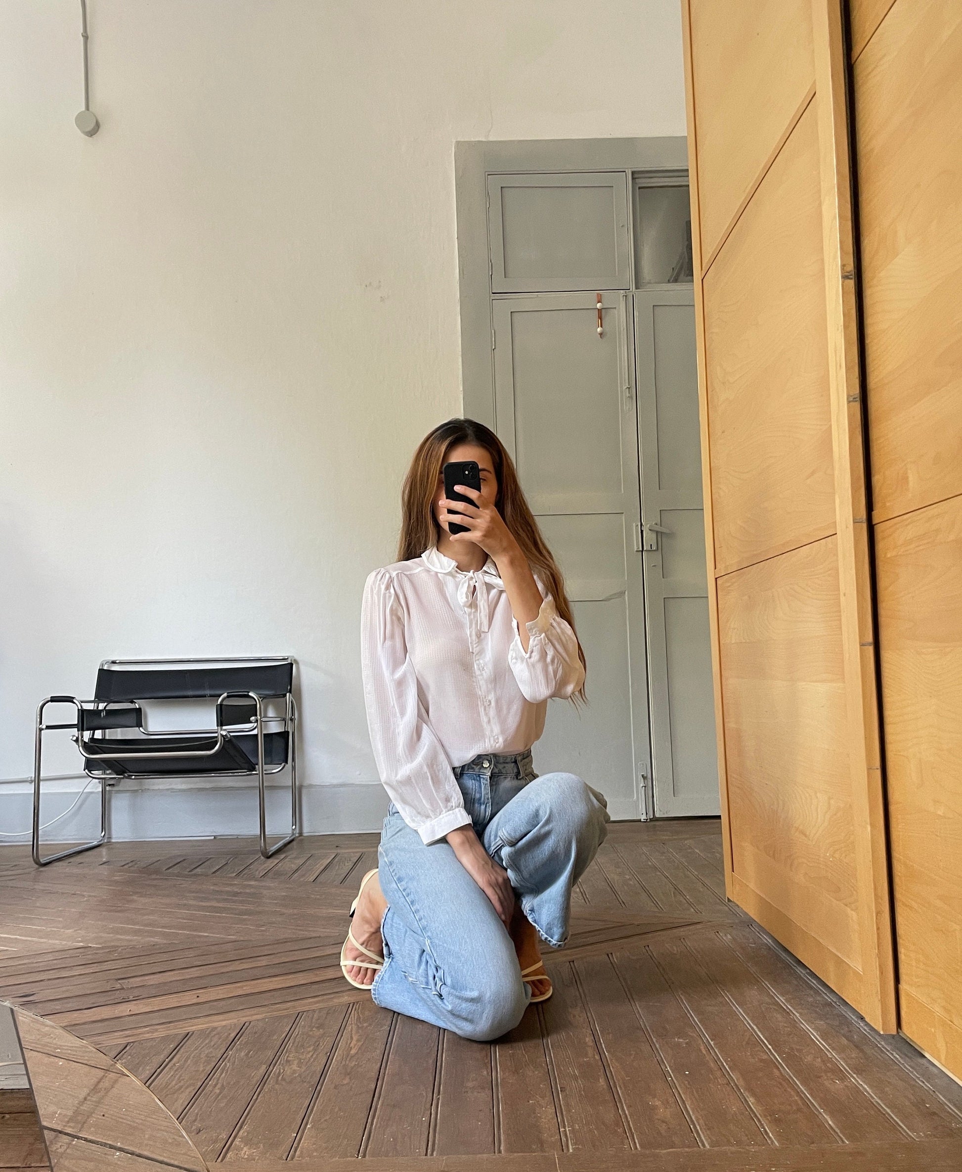 Vintage sheer romantic woman blouse, White see through collared shirt, Bow tie antique top