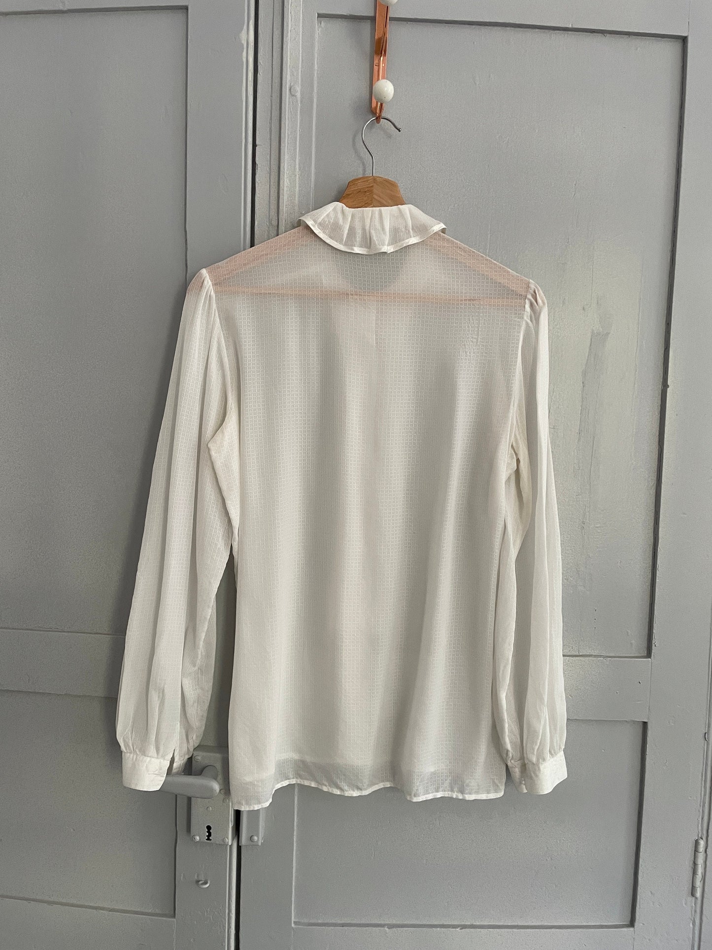 Vintage sheer romantic woman blouse, White see through collared shirt, Bow tie antique top