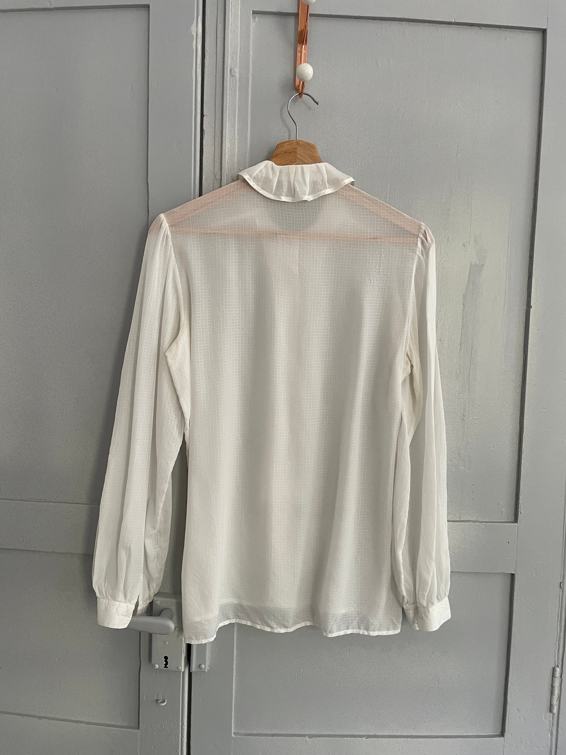 Vintage sheer romantic woman blouse, White see through collared shirt, Bow tie antique top