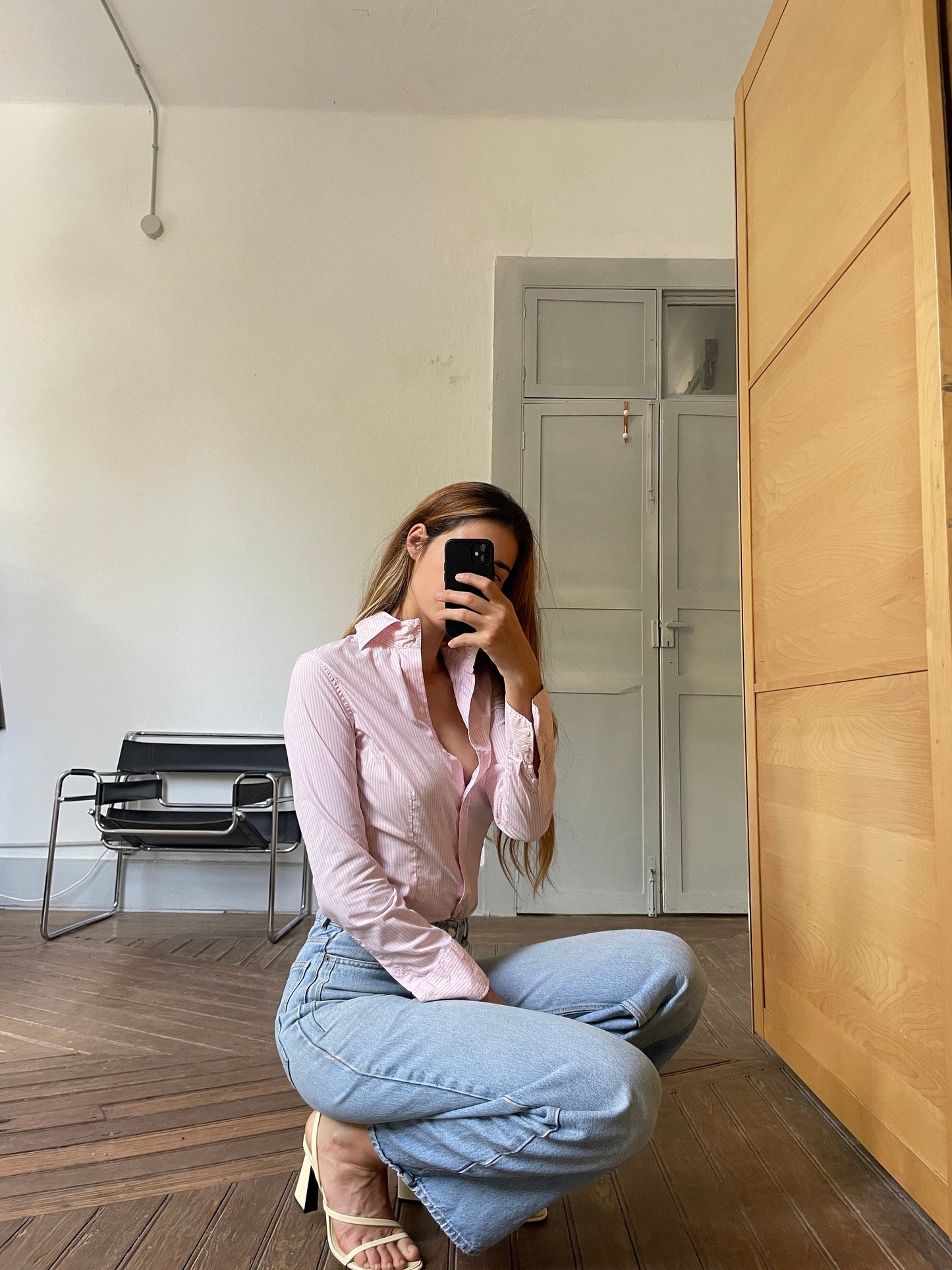 Elegant pink and white striped button up shirt. Sexy fit.