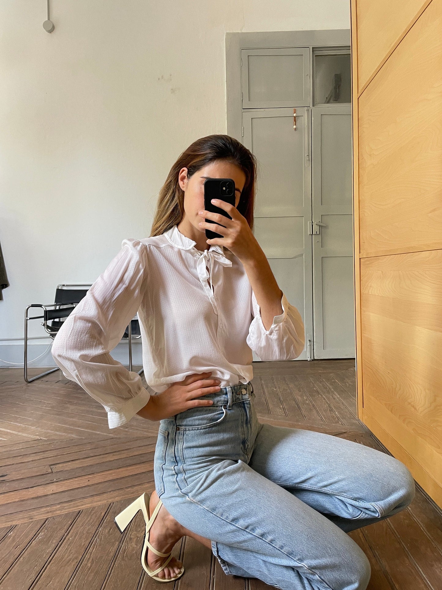 Vintage sheer romantic woman blouse, White see through collared shirt, Bow tie antique top