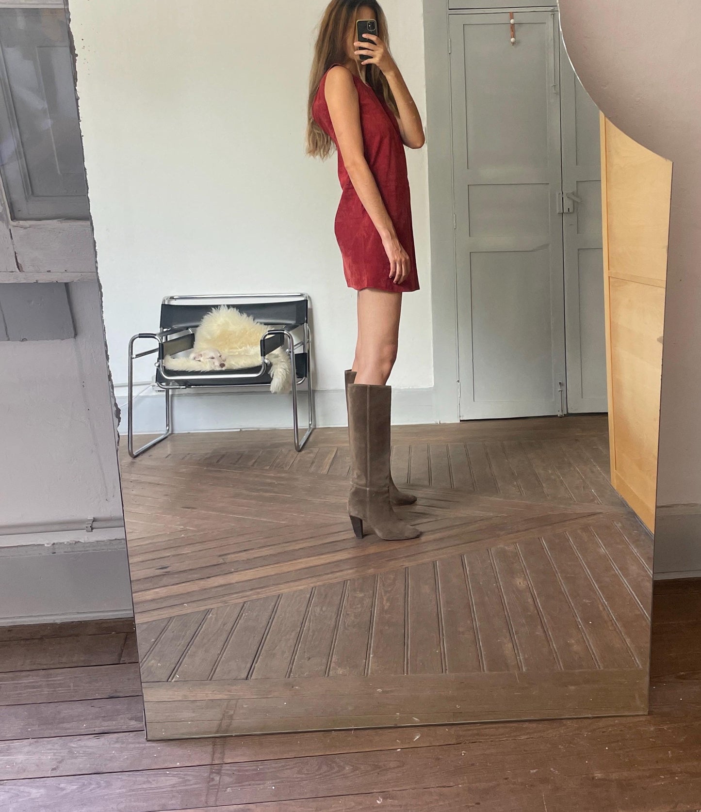 Vintage Red Suede Leather A-Line Dress, Minimalist Genuine Leather Mini Dress with Modest Neckline, Perfect with Knee High Boots