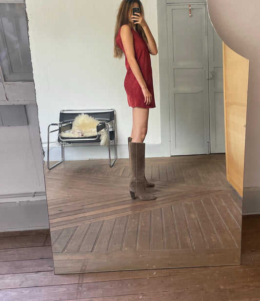 Vintage Red Suede Leather A-Line Dress, Minimalist Genuine Leather Mini Dress with Modest Neckline, Perfect with Knee High Boots