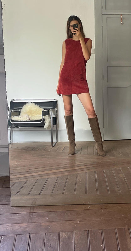 Vintage Red Suede Leather A-Line Dress, Minimalist Mini Dress
