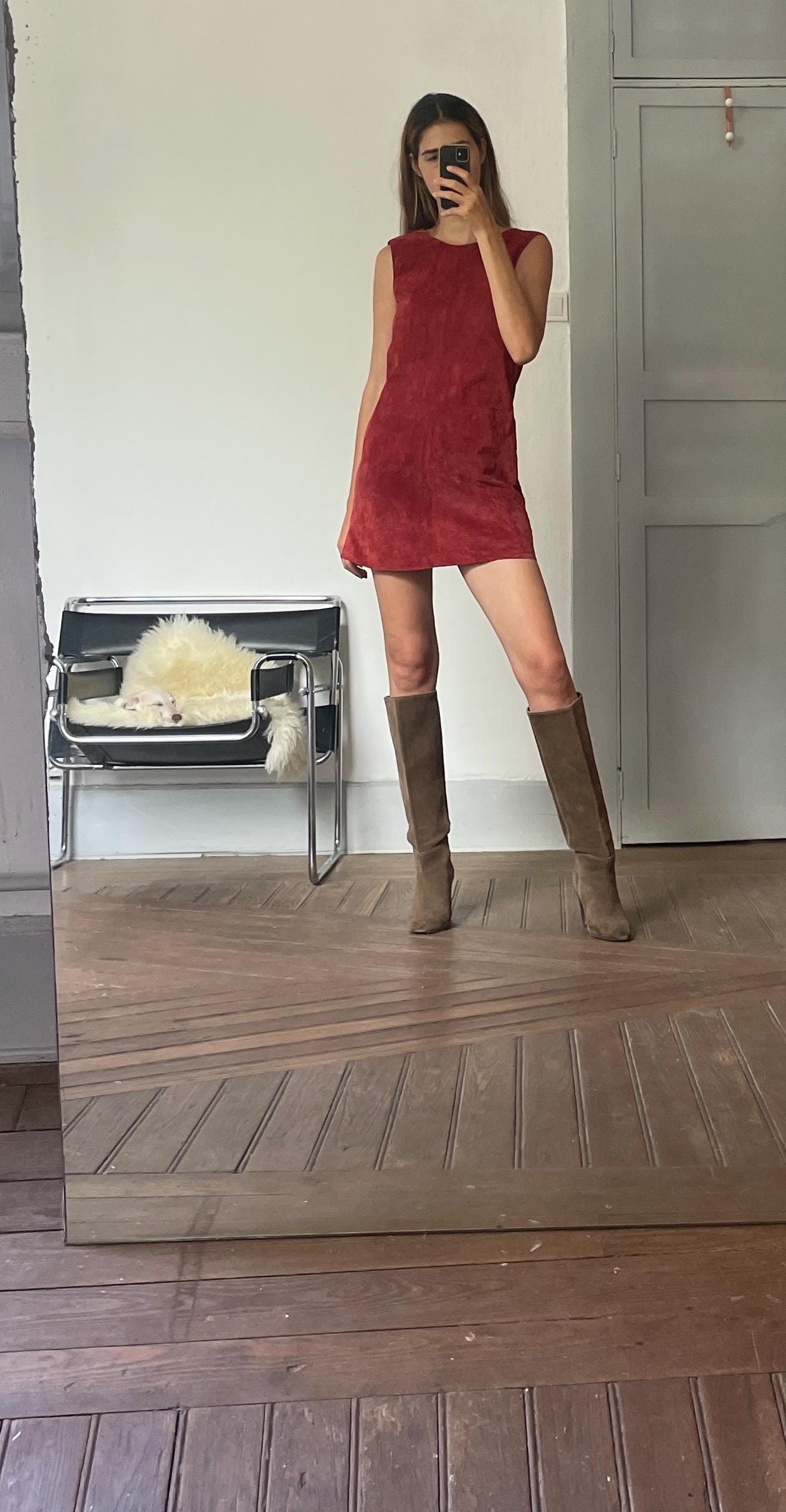 Vintage Red Suede Leather A-Line Dress, Minimalist Genuine Leather Mini Dress with Modest Neckline, Perfect with Knee High Boots