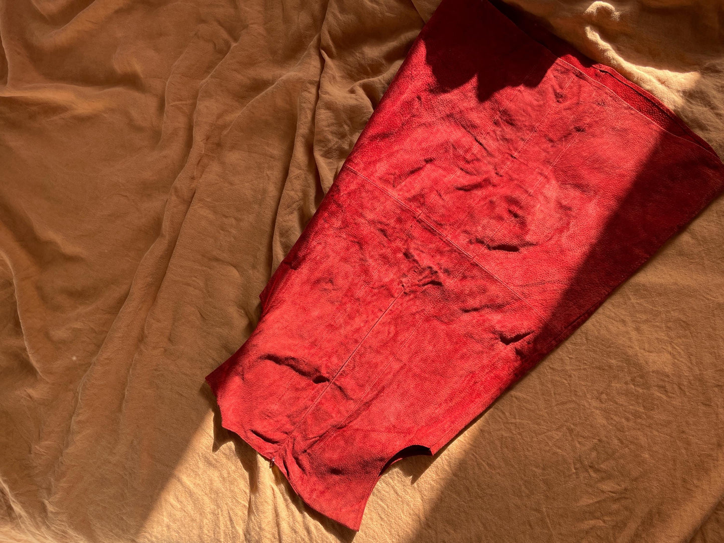 Vintage Red Suede Leather A-Line Dress, Minimalist Genuine Leather Mini Dress with Modest Neckline, Perfect with Knee High Boots