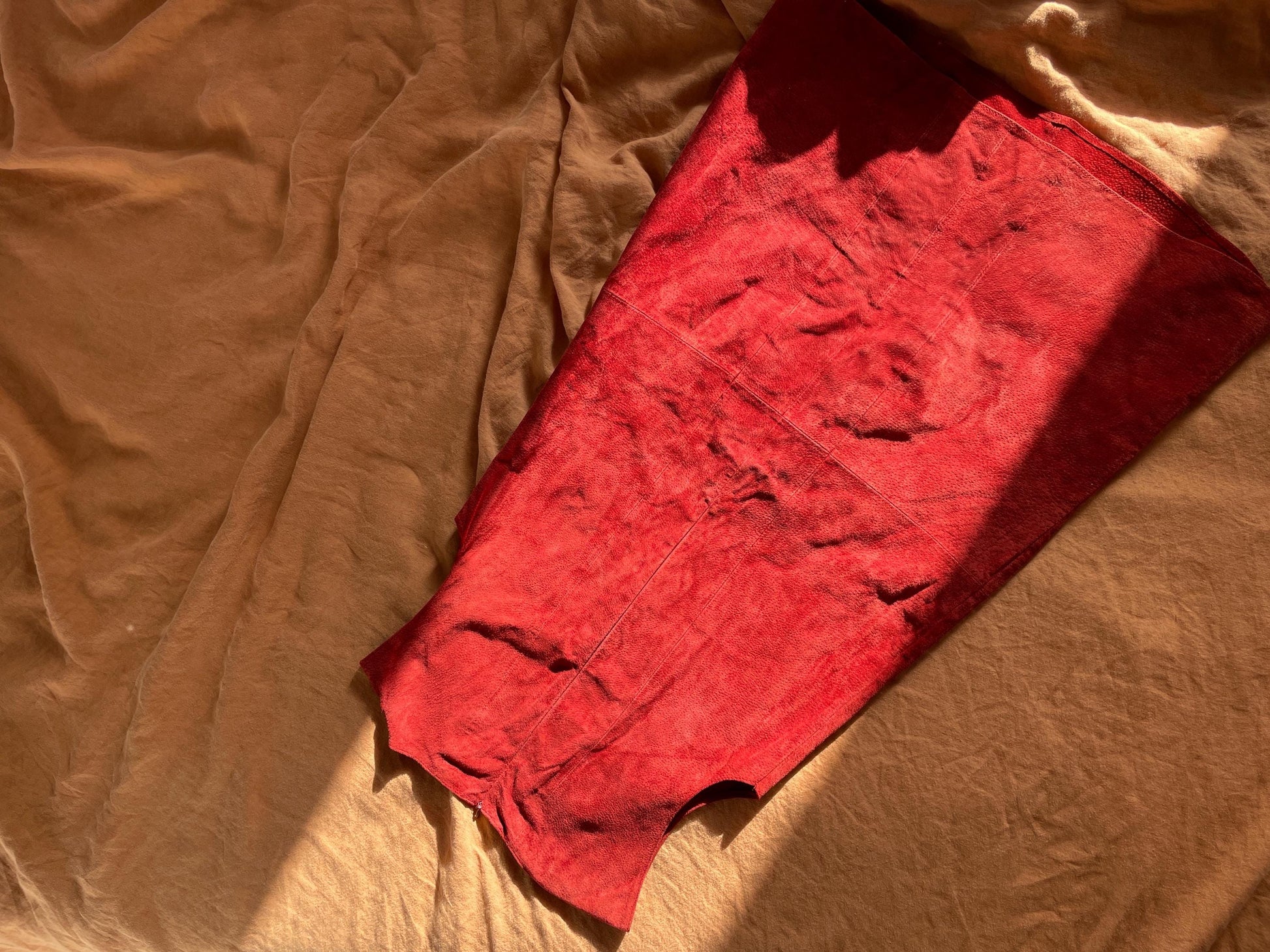 Vintage Red Suede Leather A-Line Dress, Minimalist Genuine Leather Mini Dress with Modest Neckline, Perfect with Knee High Boots