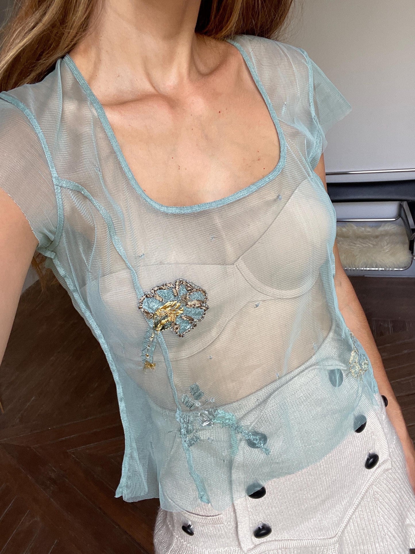 Sheer floral sequin embroidered woman top, Sexy see through pastel blue summer shirt, Unique vintage treasure