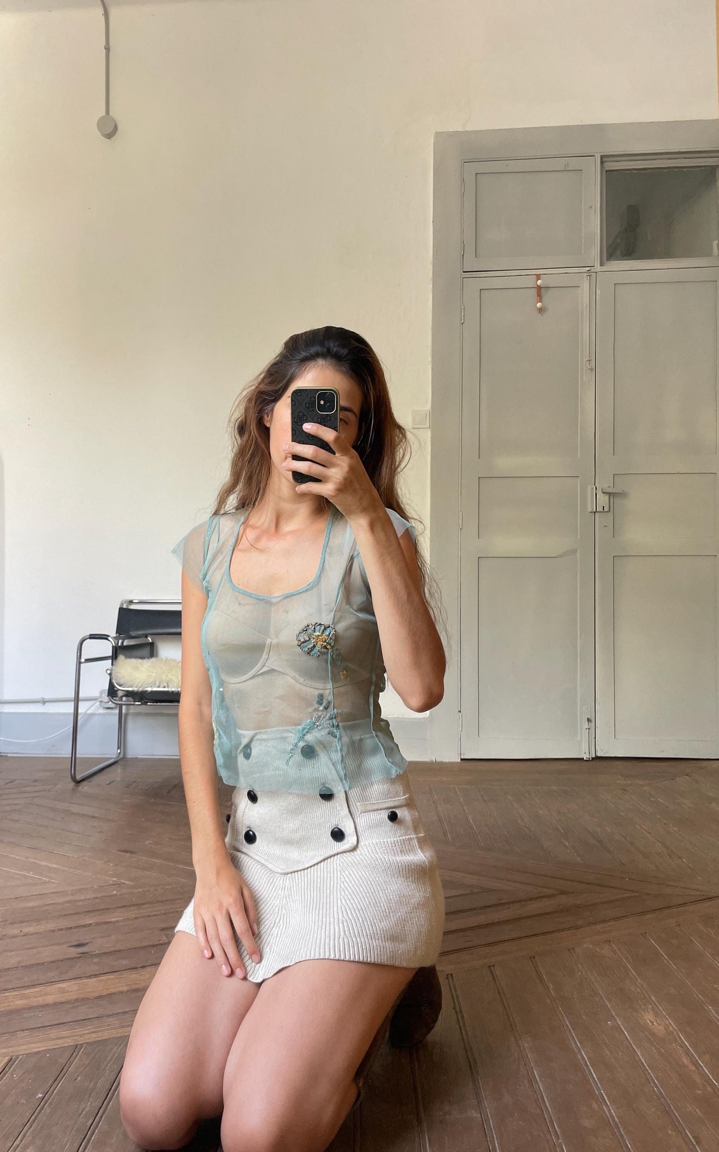 Sheer floral sequin embroidered woman top, Sexy see through pastel blue summer shirt, Unique vintage treasure