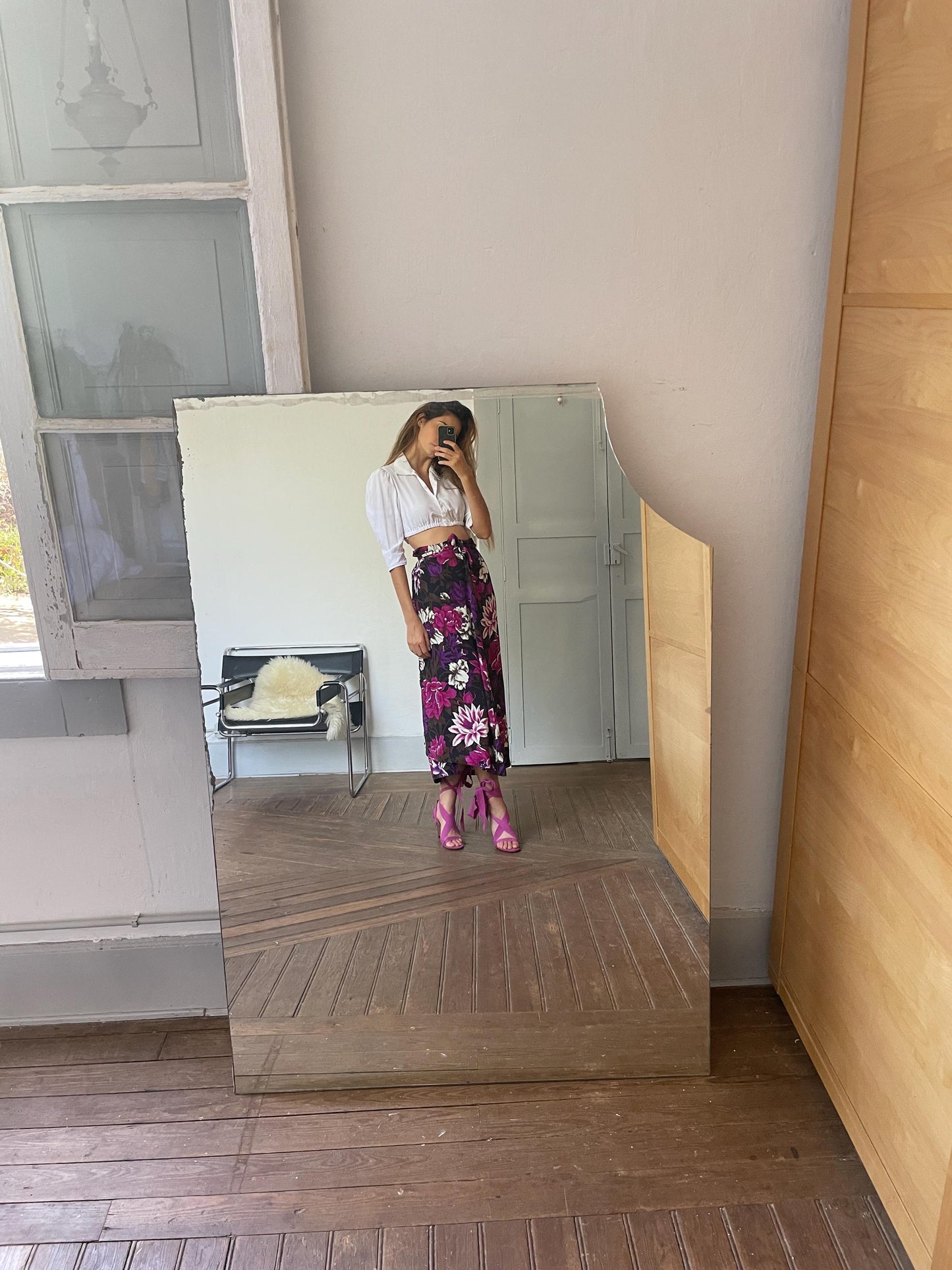 Vintage tropical purple flower summer skirt, Floral black and pink maxi skirt, High waist side split skirt