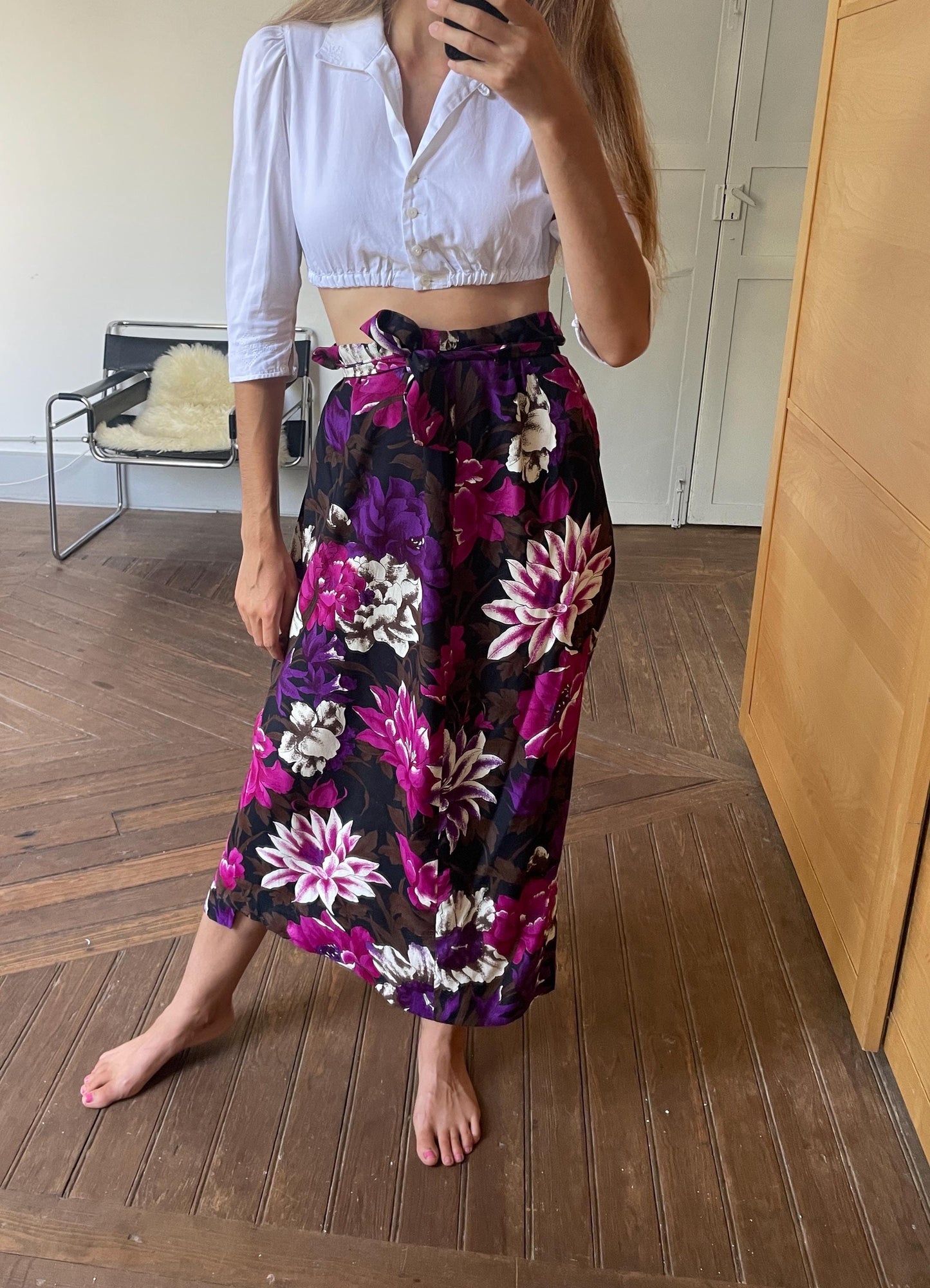 Vintage tropical purple flower summer skirt, Floral black and pink maxi skirt, High waist side split skirt