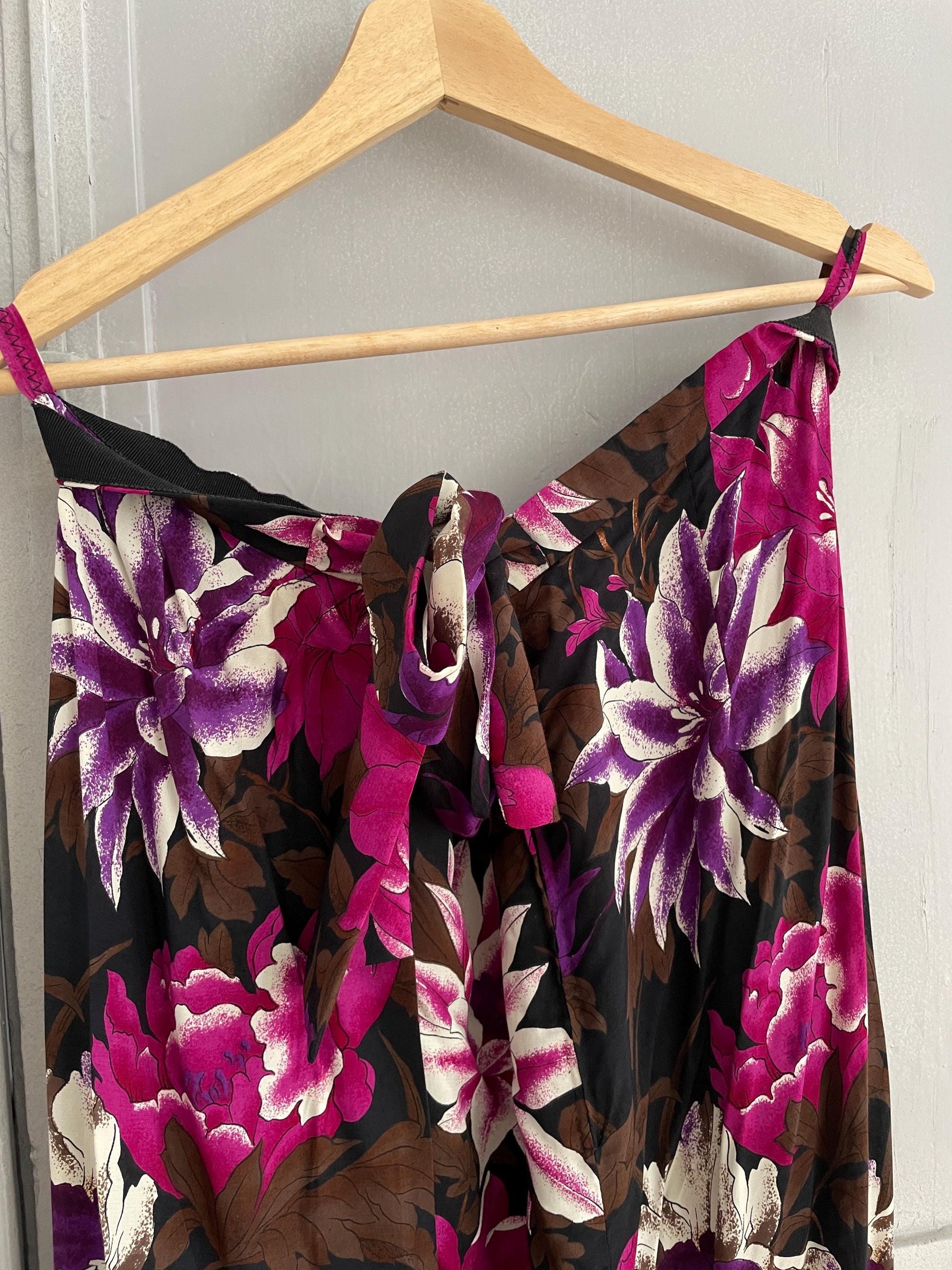 Vintage tropical purple flower summer skirt, Floral black and pink maxi skirt, High waist side split skirt