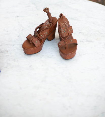Vintage Floral Studded Leather Platform Sandals — back view