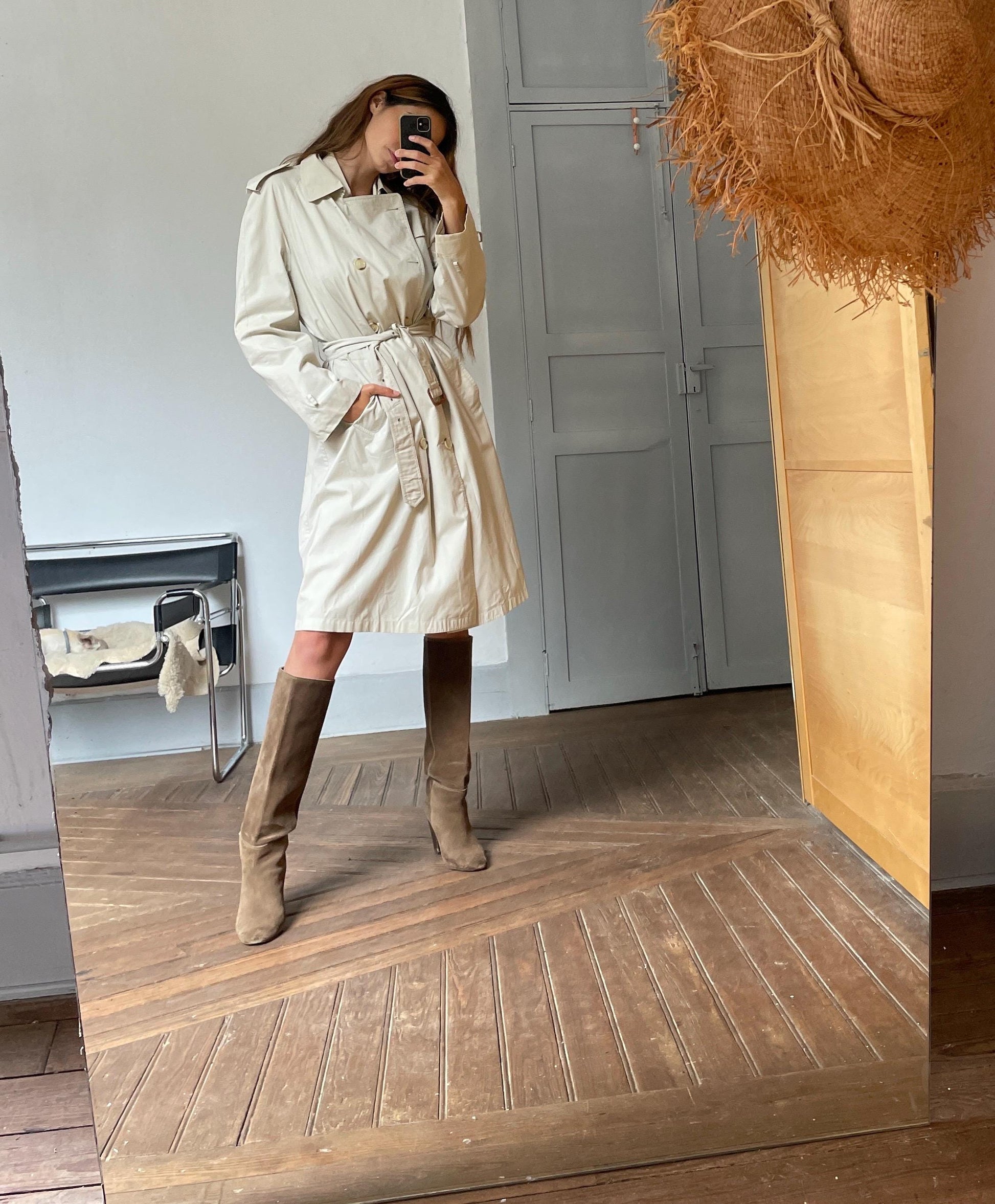 Vintage YVES SAINT LAURENT trench coat, Diffusion Hommes long off white men coat, M