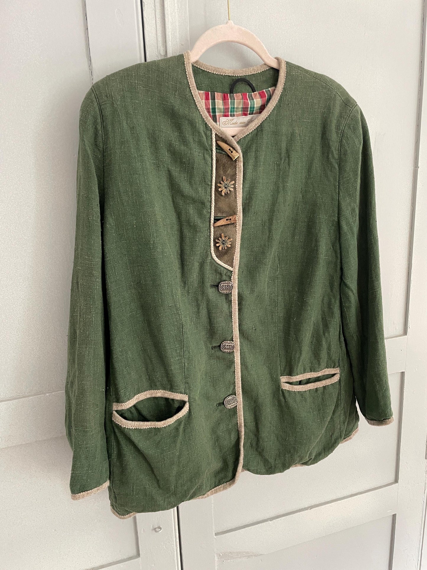 Vintage moss green linen jacket, German dirdnl folklore coat, Austrian trachten autumn cardigan, Cottage core clothing