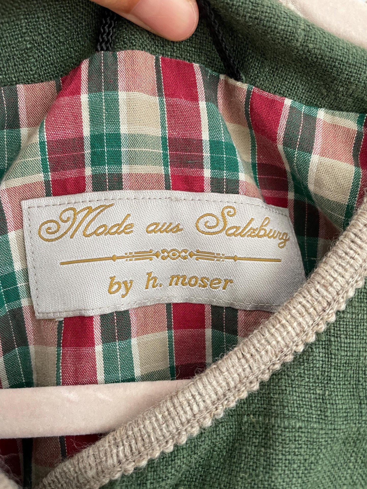 Vintage moss green linen jacket, German dirdnl folklore coat, Austrian trachten autumn cardigan, Cottage core clothing