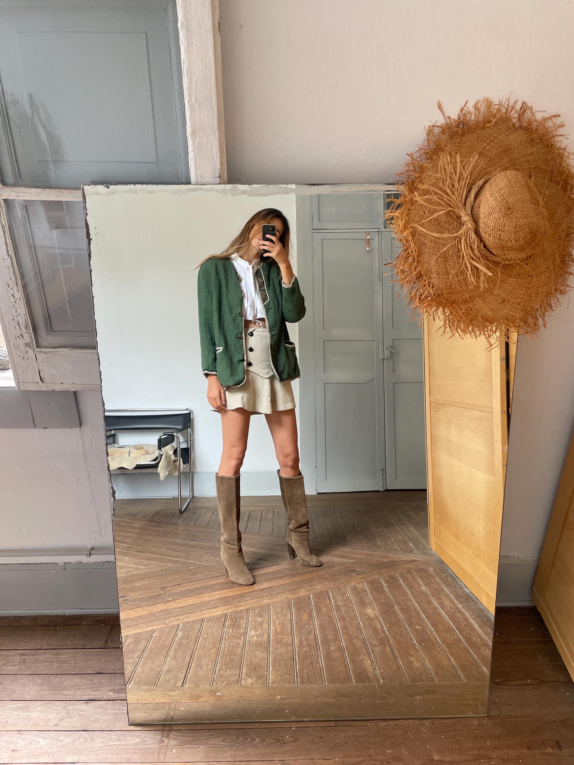 Vintage moss green linen jacket, German dirdnl folklore coat, Austrian trachten autumn cardigan, Cottage core clothing