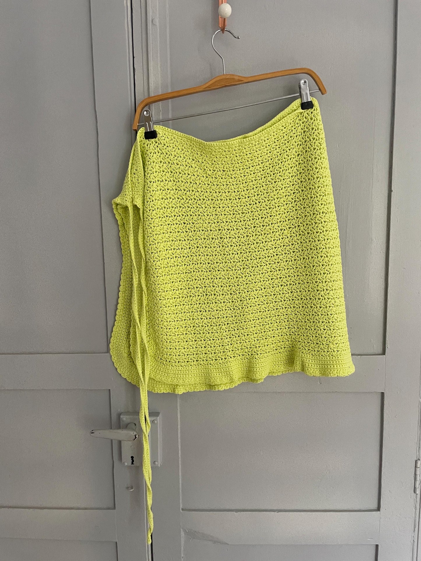 Handmade crochet summer pareo, Bikini beach wear, Lime green hand crocheted wrap skirt, Unique knit beach outfit