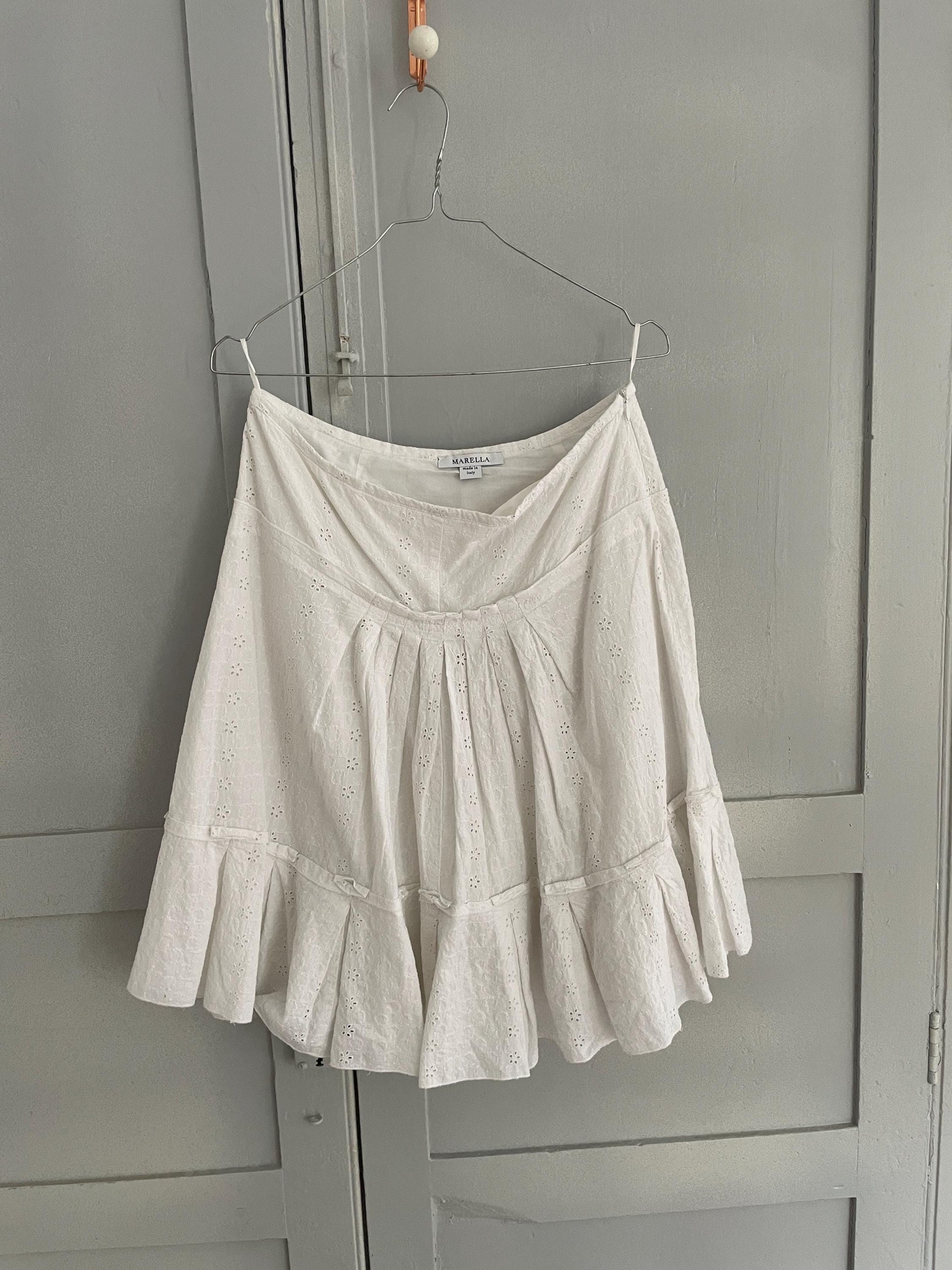 Vintage Marella White Eyelet Midi Skirt | Italian Designer Summer Cotton Ruffle Skirt