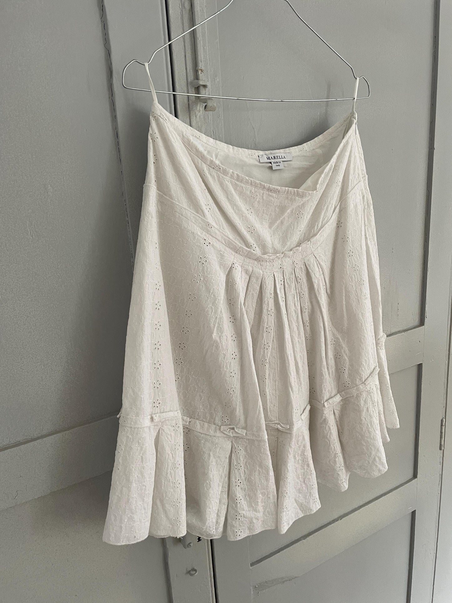 Vintage Marella White Eyelet Midi Skirt | Italian Designer Summer Cotton Ruffle Skirt