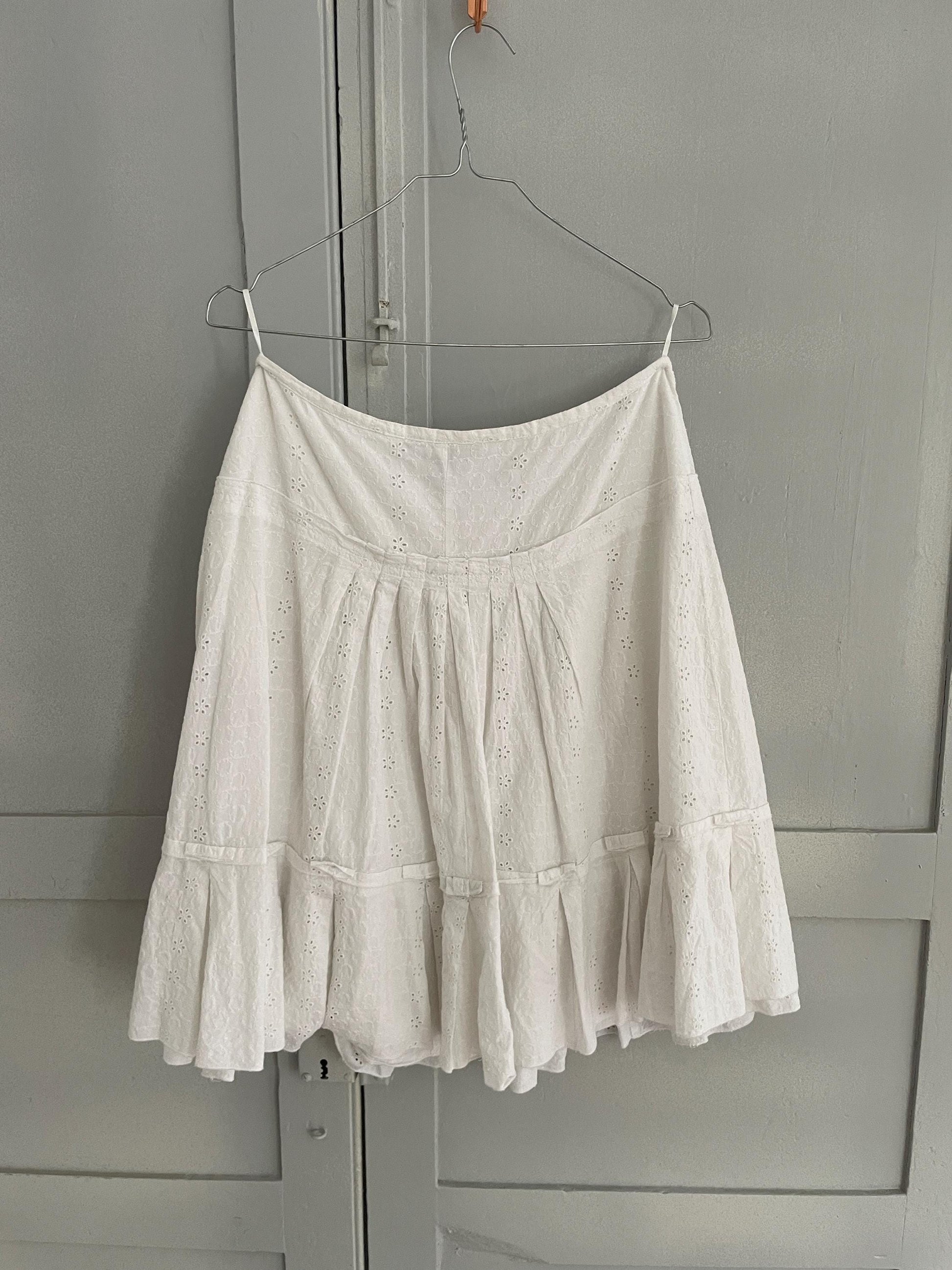 Vintage Marella White Eyelet Midi Skirt | Italian Designer Summer Cotton Ruffle Skirt