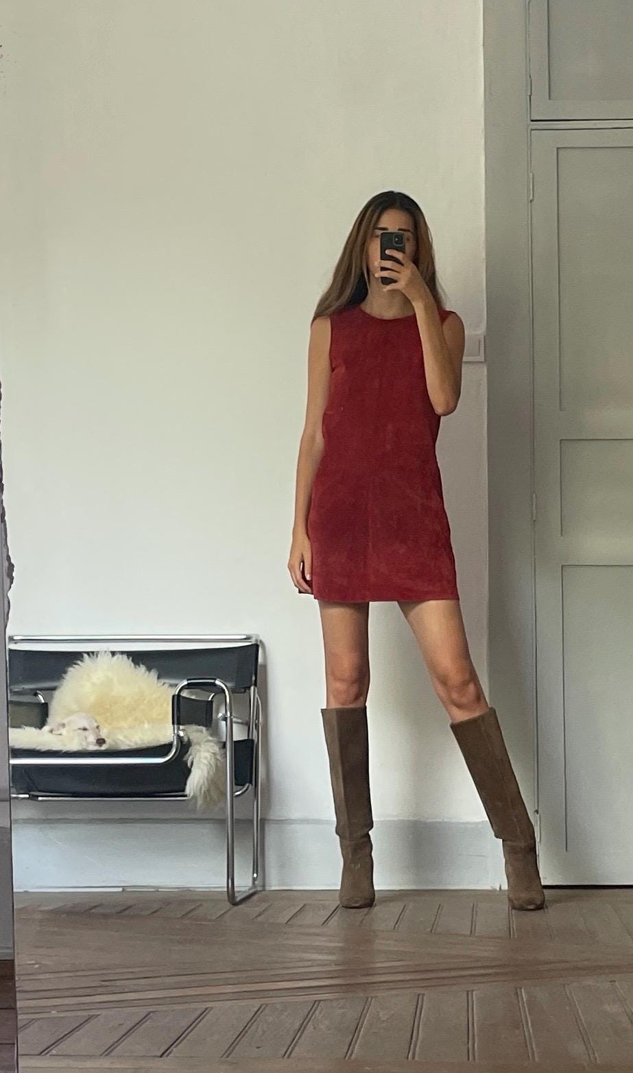 Vintage Red Suede Leather A-Line Dress, Minimalist Genuine Leather Mini Dress with Modest Neckline, Perfect with Knee High Boots