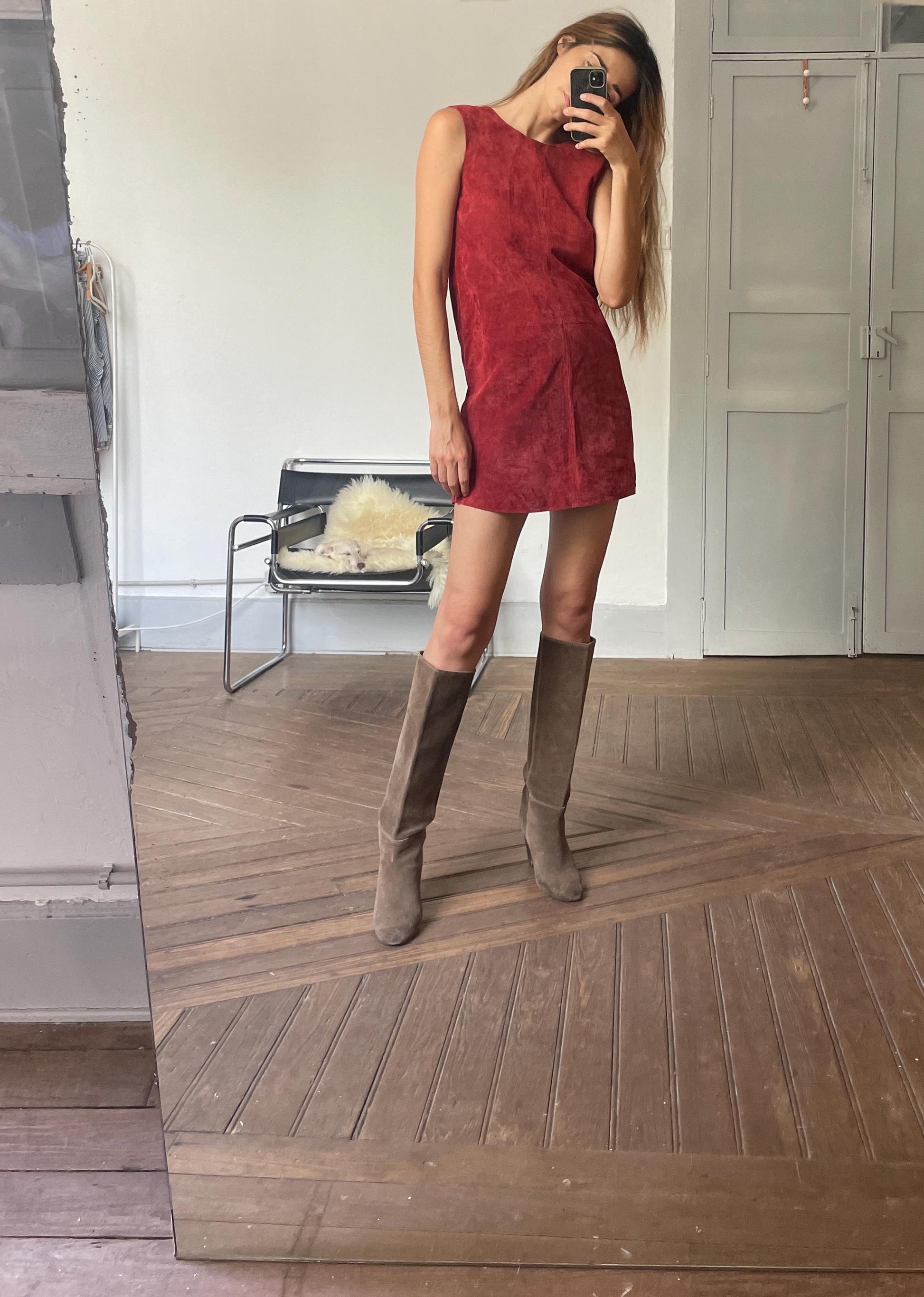 Vintage Red Suede Leather A-Line Dress, Minimalist Genuine Leather Mini Dress with Modest Neckline, Perfect with Knee High Boots