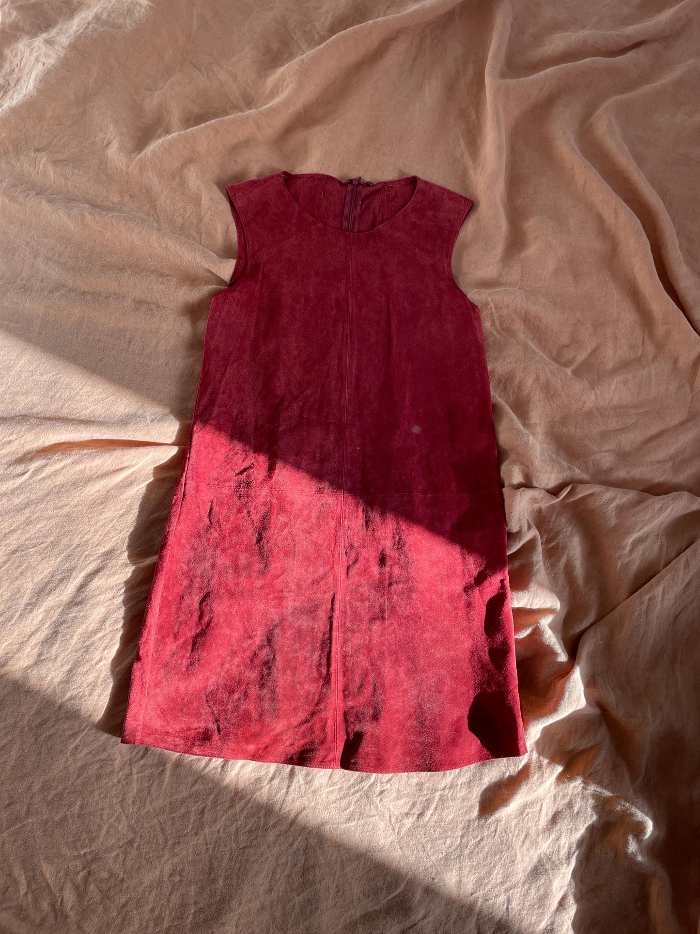 Vintage Red Suede Leather A-Line Dress, Minimalist Genuine Leather Mini Dress with Modest Neckline, Perfect with Knee High Boots