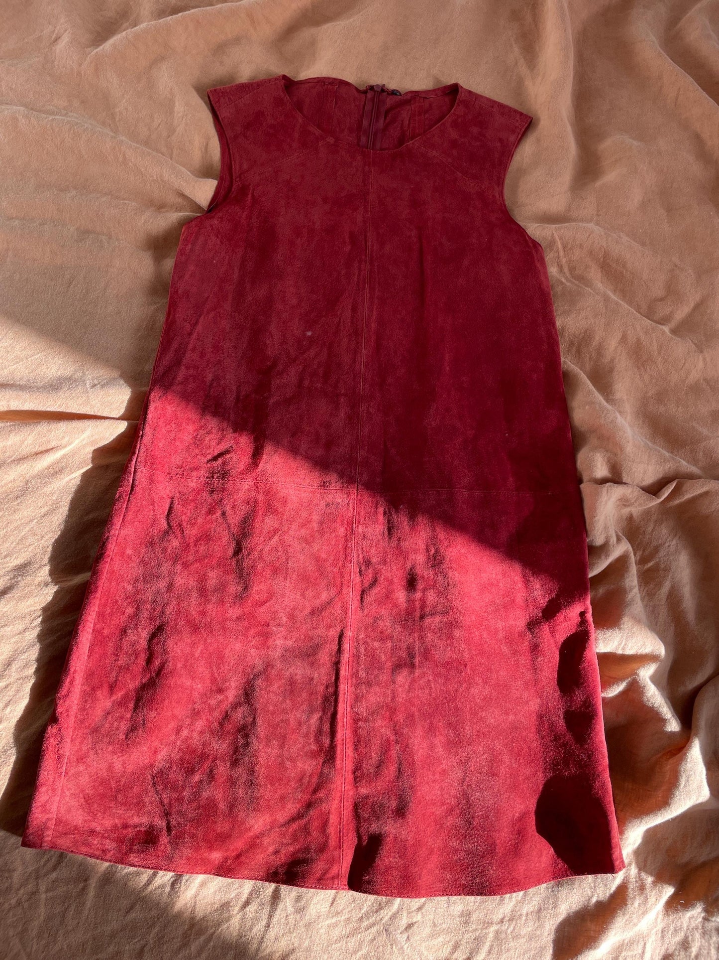 Vintage Red Suede Leather A-Line Dress, Minimalist Genuine Leather Mini Dress with Modest Neckline, Perfect with Knee High Boots