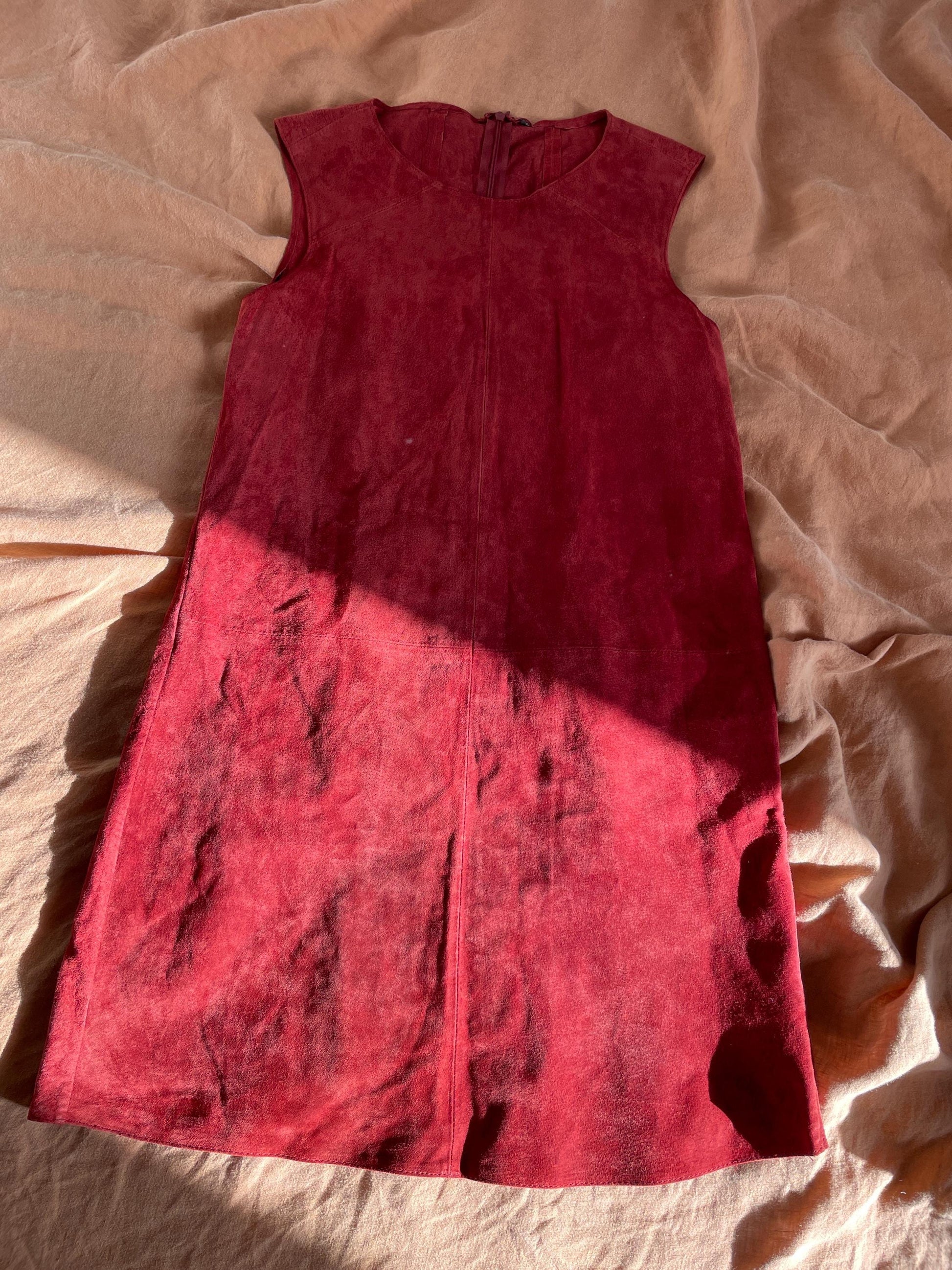 Vintage Red Suede Leather A-Line Dress, Minimalist Genuine Leather Mini Dress with Modest Neckline, Perfect with Knee High Boots