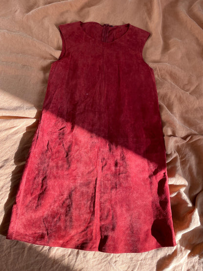 Vintage Red Suede Leather A-Line Dress, Minimalist Mini Dress