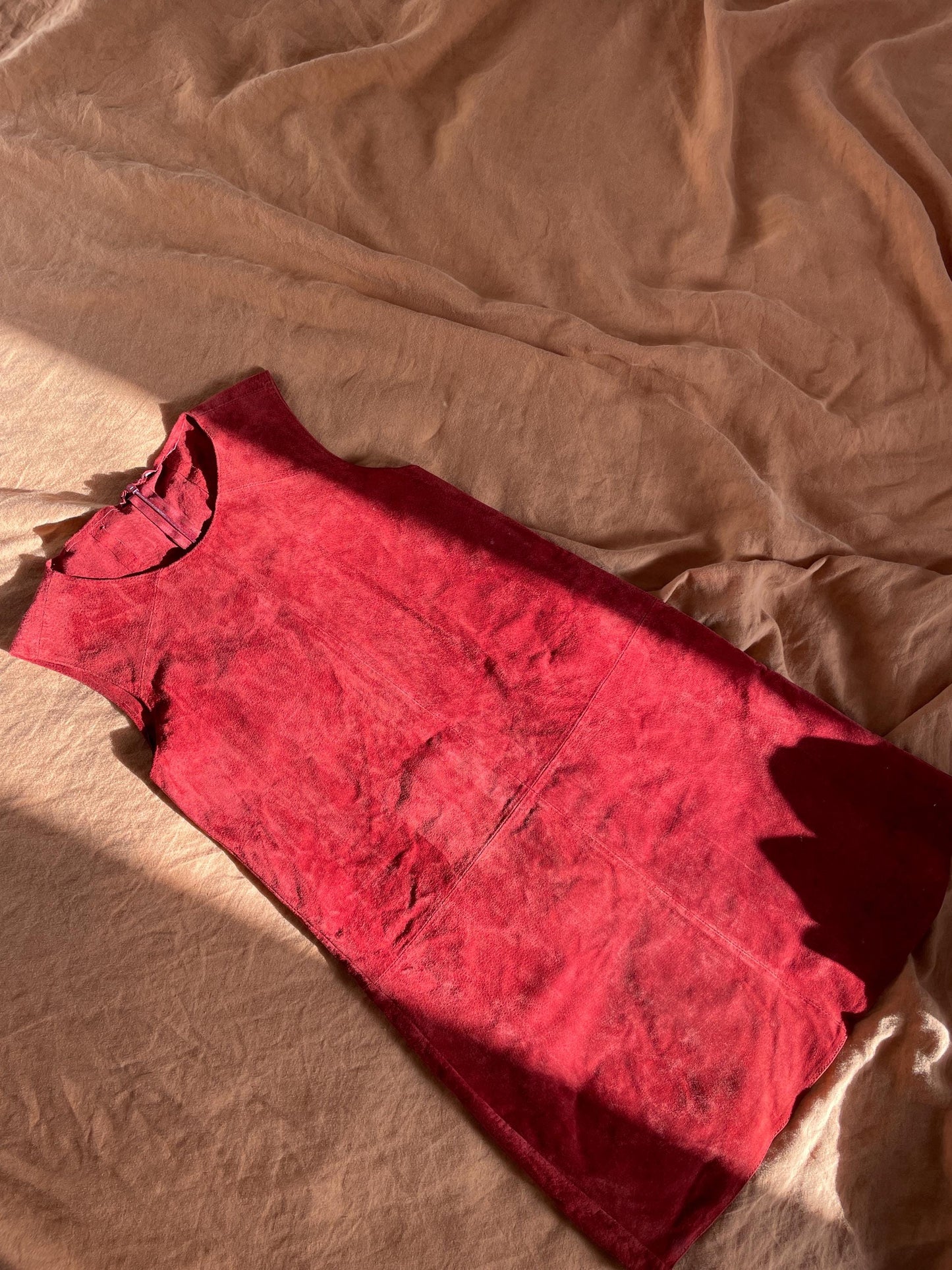 Vintage Red Suede Leather A-Line Dress, Minimalist Genuine Leather Mini Dress with Modest Neckline, Perfect with Knee High Boots