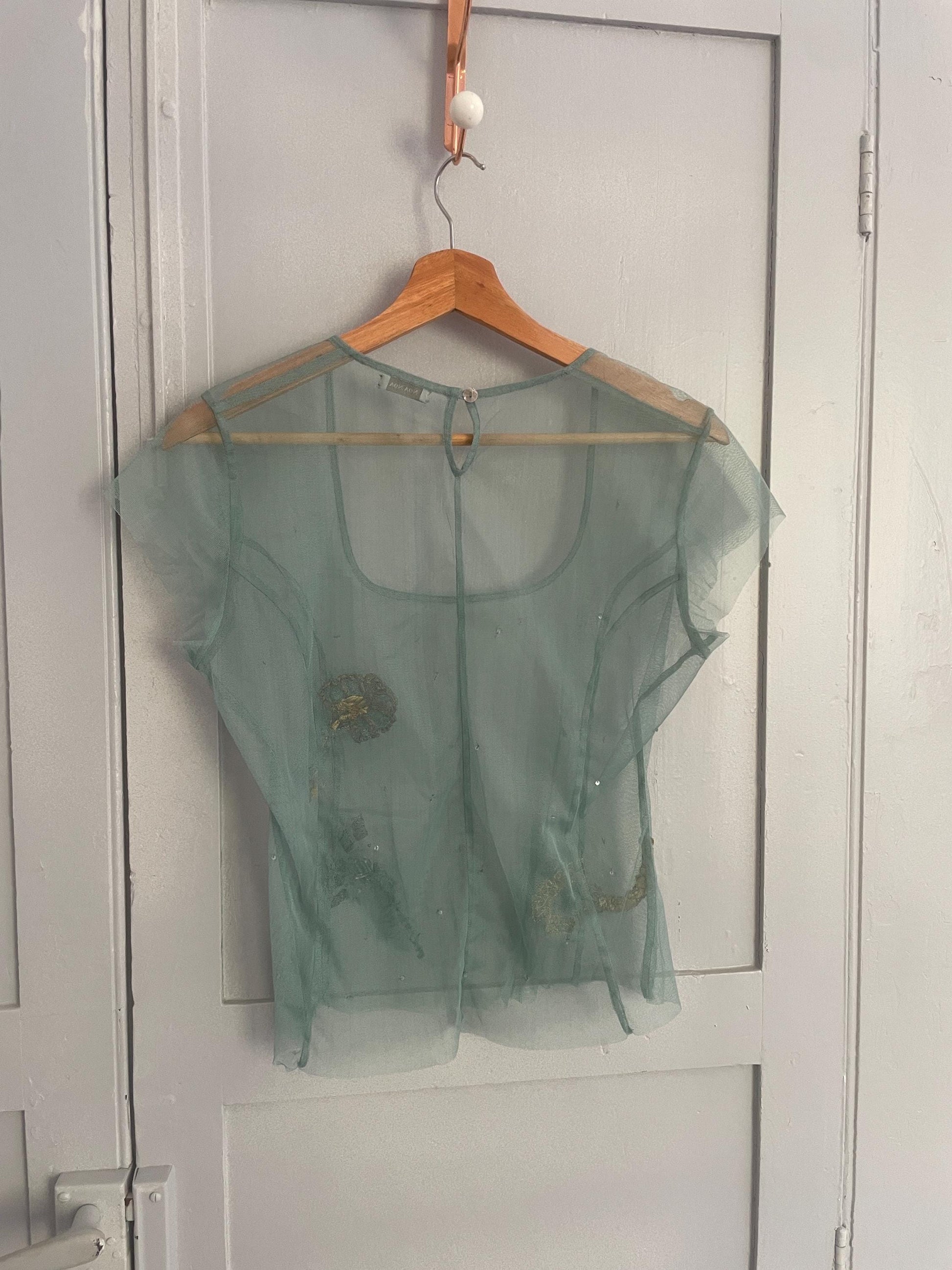 Sheer floral sequin embroidered woman top, Sexy see through pastel blue summer shirt, Unique vintage treasure