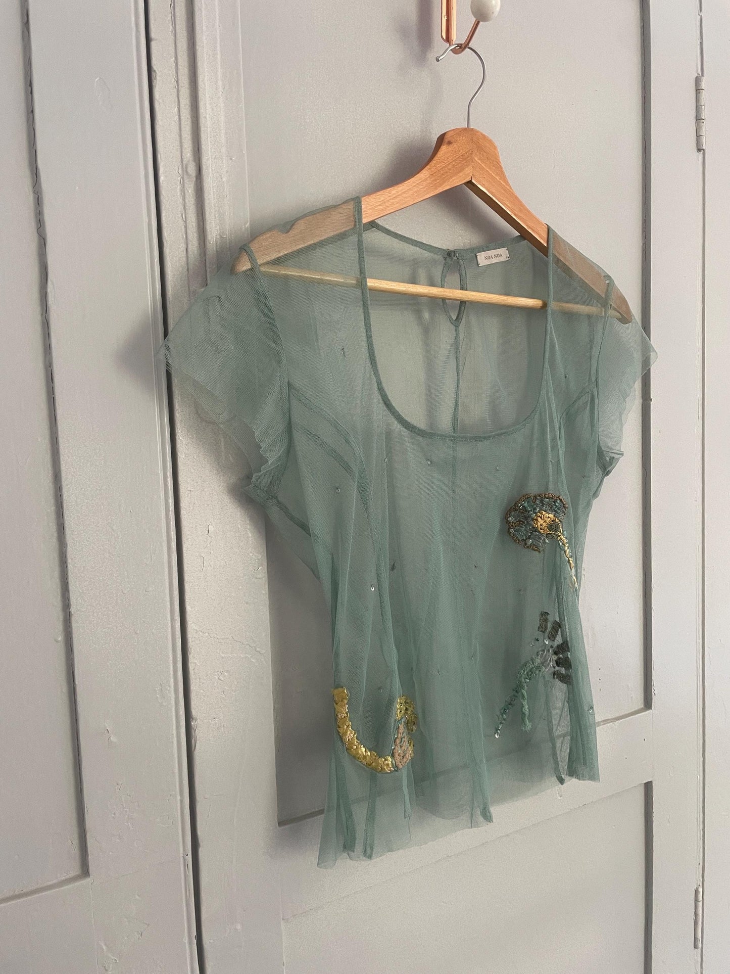 Sheer floral sequin embroidered woman top, Sexy see through pastel blue summer shirt, Unique vintage treasure