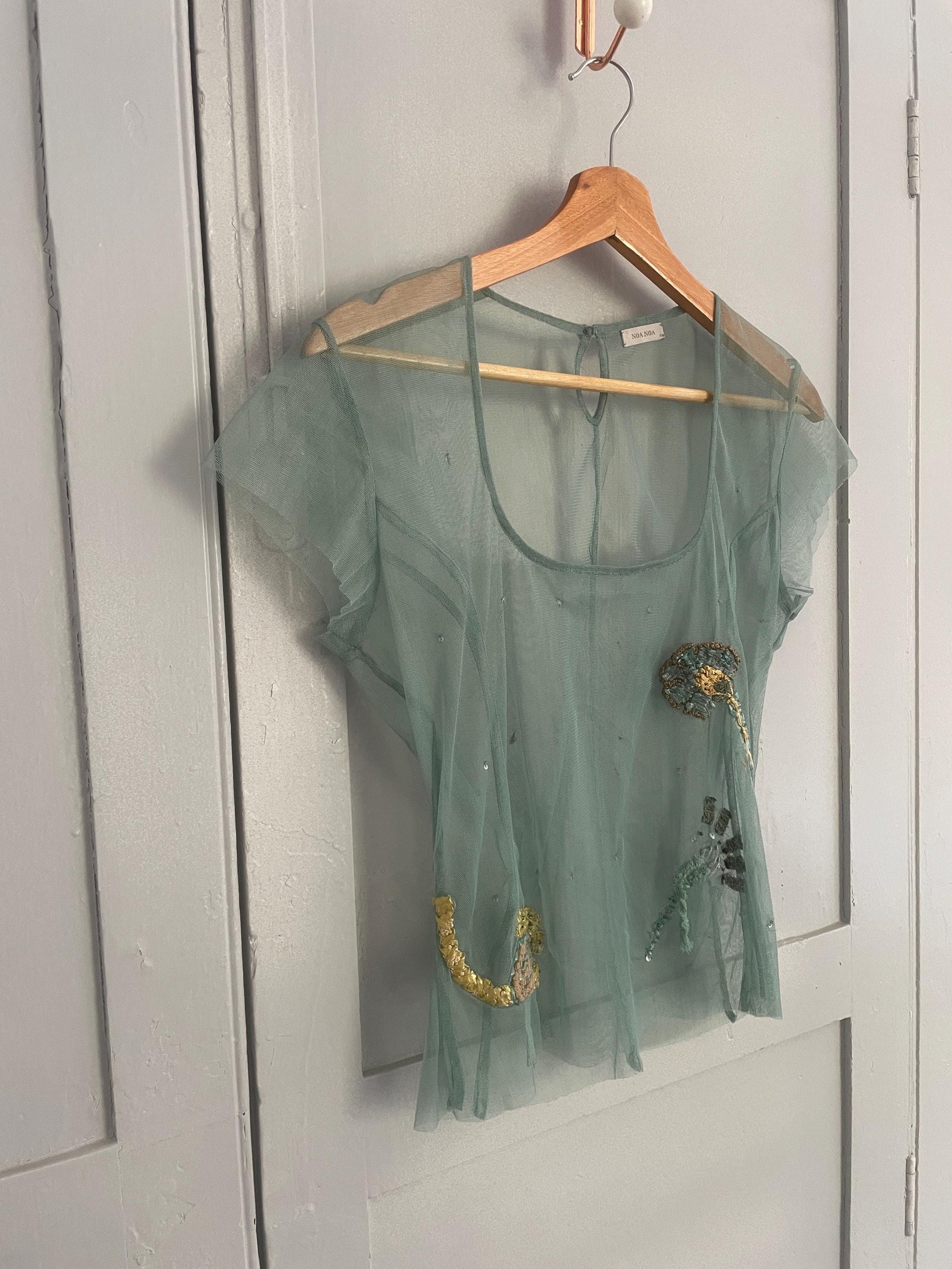 Sheer floral sequin embroidered woman top, Sexy see through pastel blue summer shirt, Unique vintage treasure