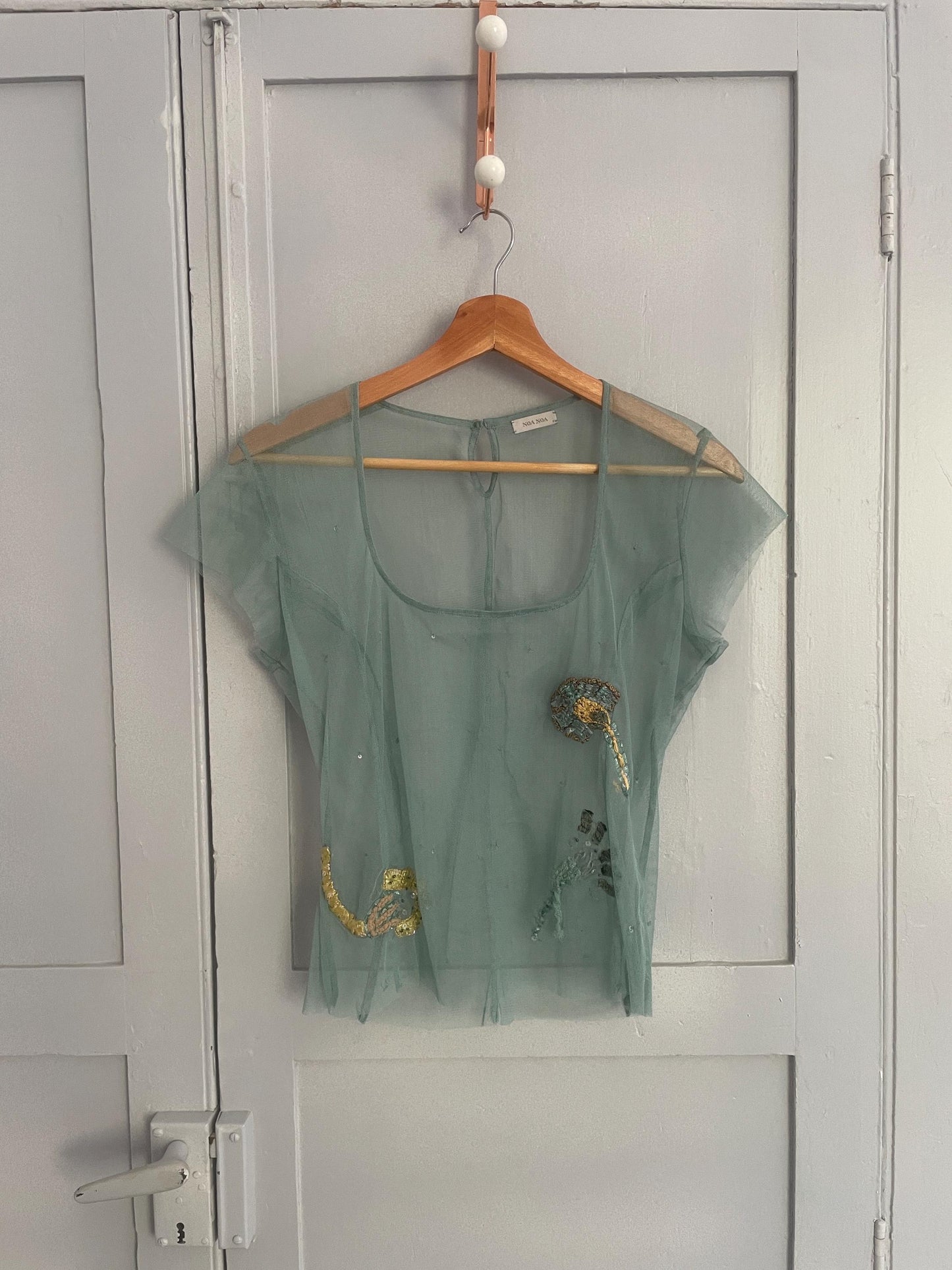 Sheer floral sequin embroidered woman top, Sexy see through pastel blue summer shirt, Unique vintage treasure