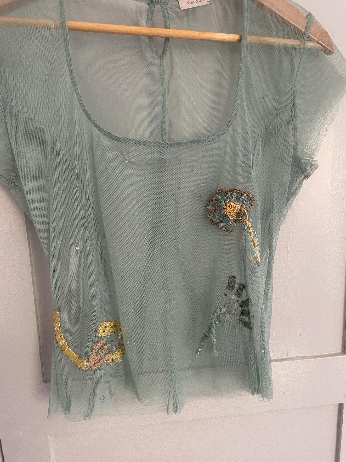 Sheer floral sequin embroidered woman top, Sexy see through pastel blue summer shirt, Unique vintage treasure