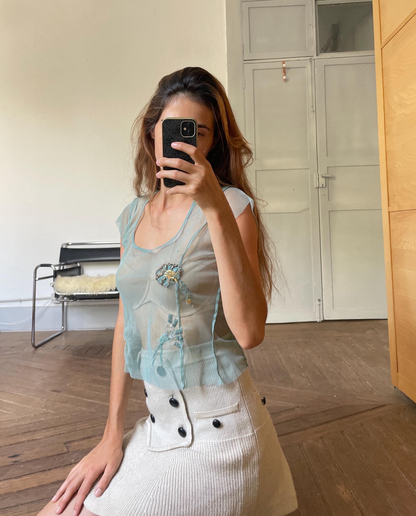 Sheer floral sequin embroidered woman top, Sexy see through pastel blue summer shirt, Unique vintage treasure