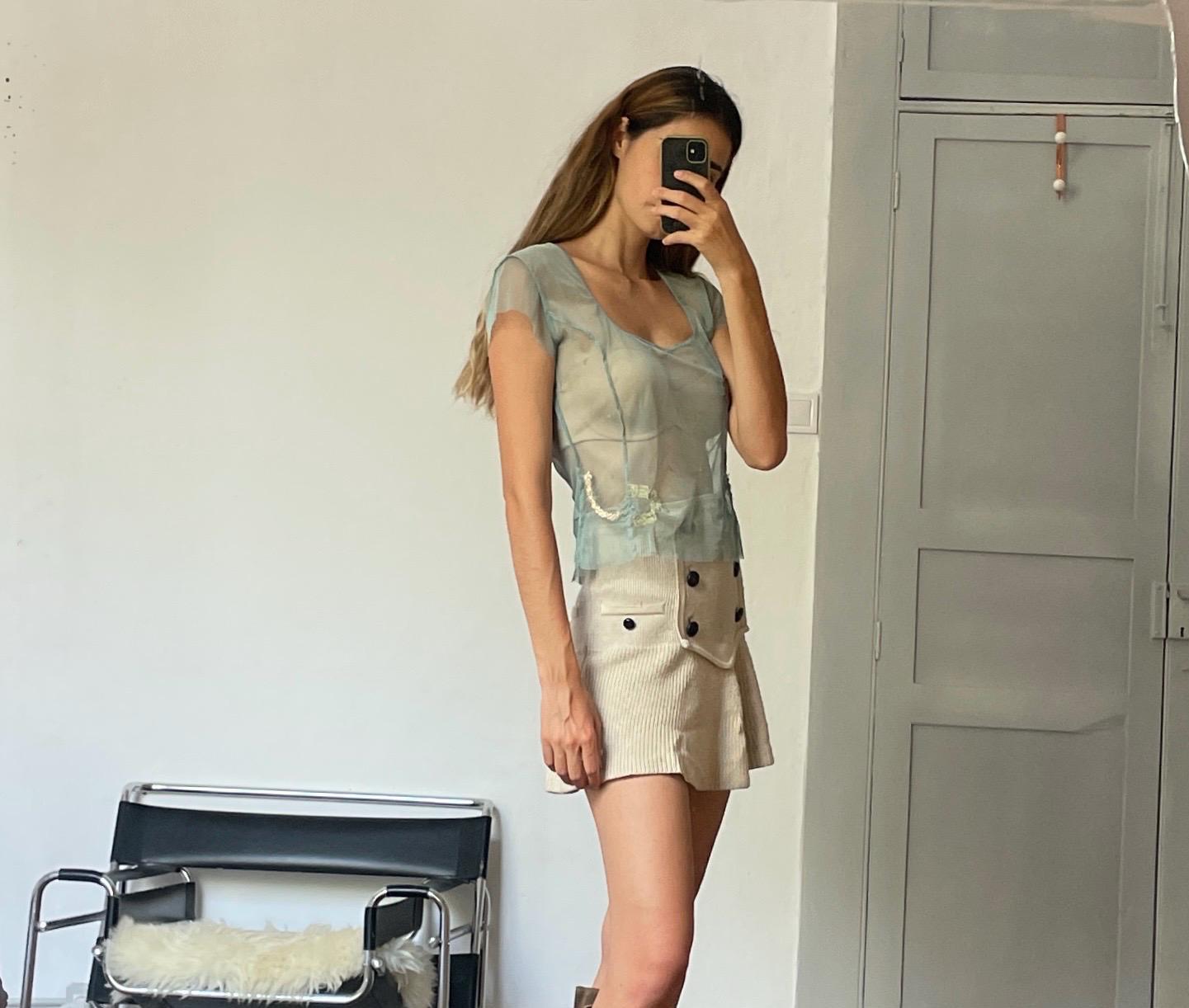 Sheer floral sequin embroidered woman top, Sexy see through pastel blue summer shirt, Unique vintage treasure