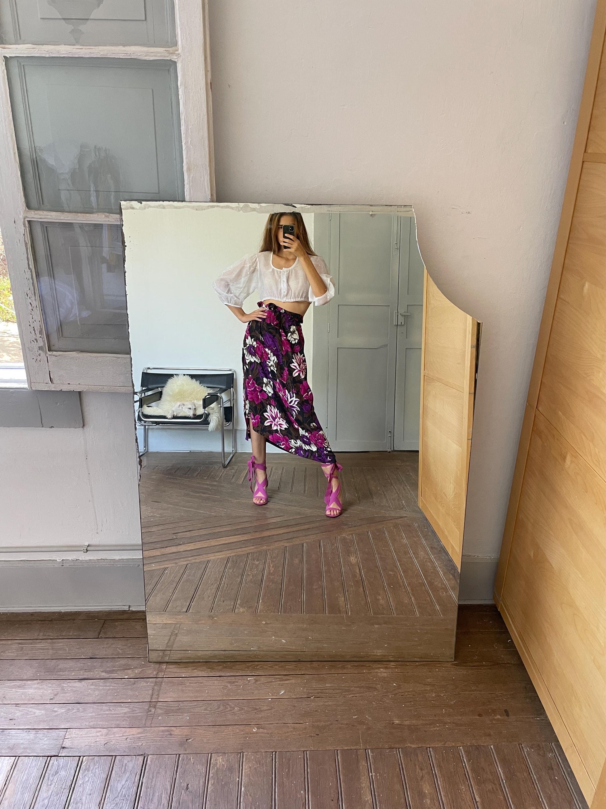 Vintage tropical purple flower summer skirt, Floral black and pink maxi skirt, High waist side split skirt