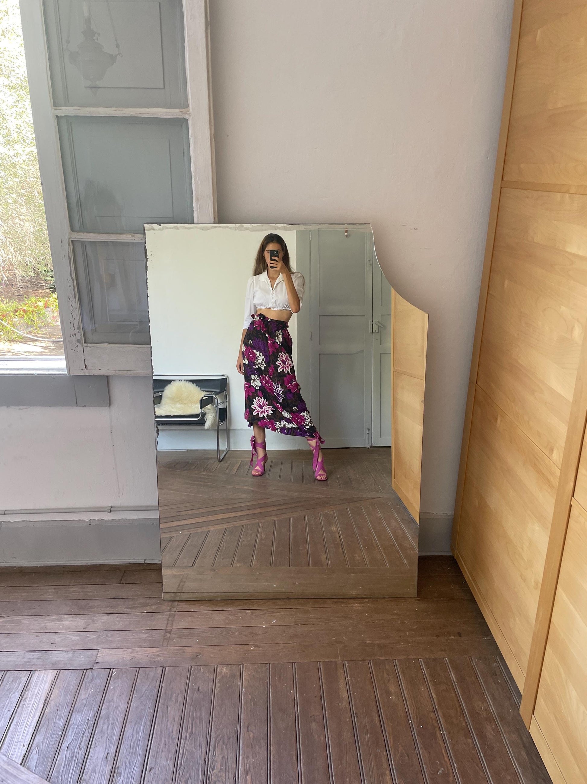 Vintage tropical purple flower summer skirt, Floral black and pink maxi skirt, High waist side split skirt