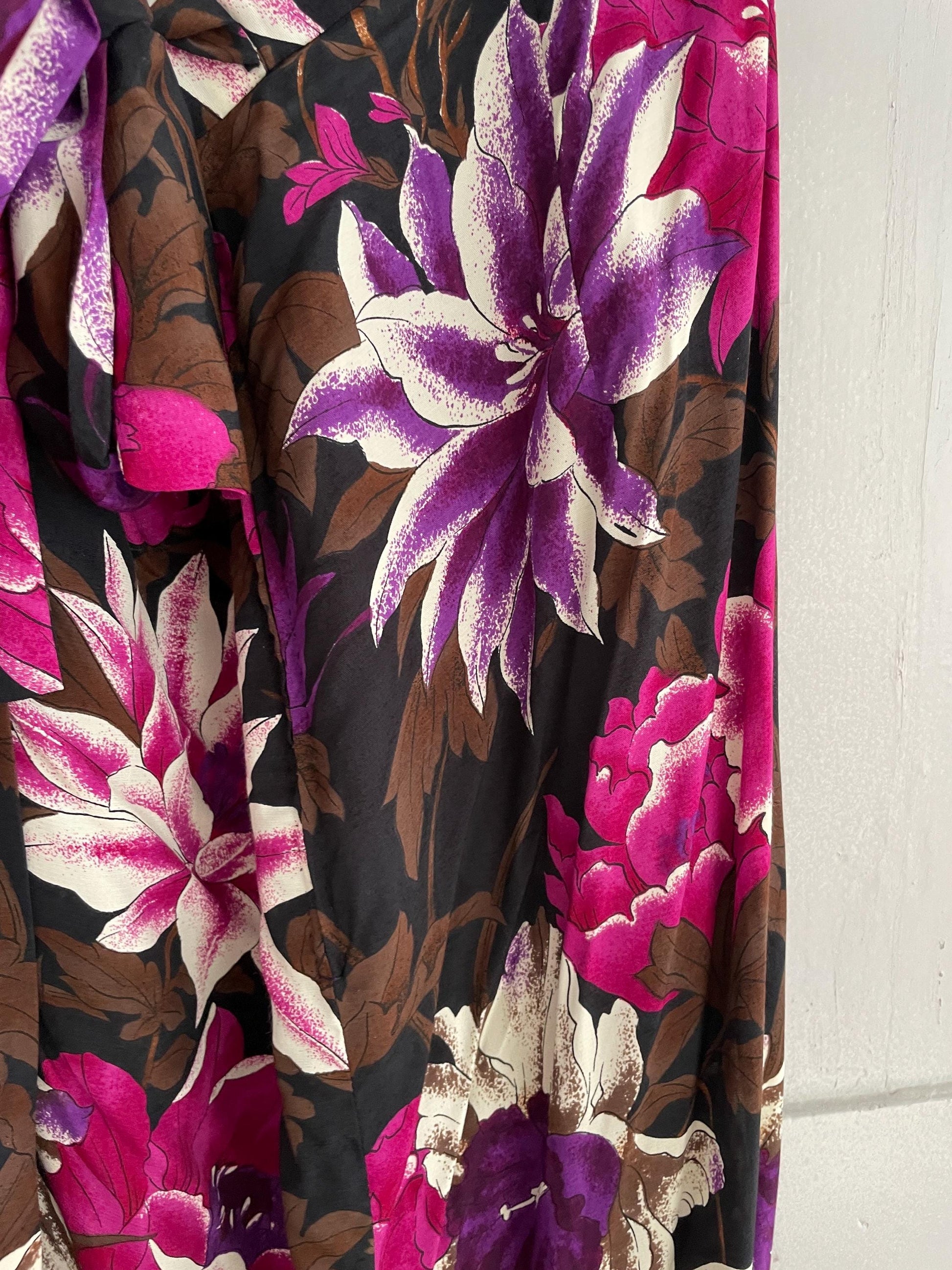 Vintage tropical purple flower summer skirt, Floral black and pink maxi skirt, High waist side split skirt